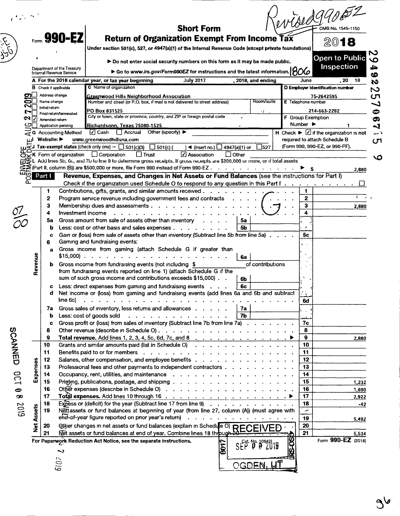 Image of first page of 2017 Form 990EO for Greenwood Hills Neighborhood Association