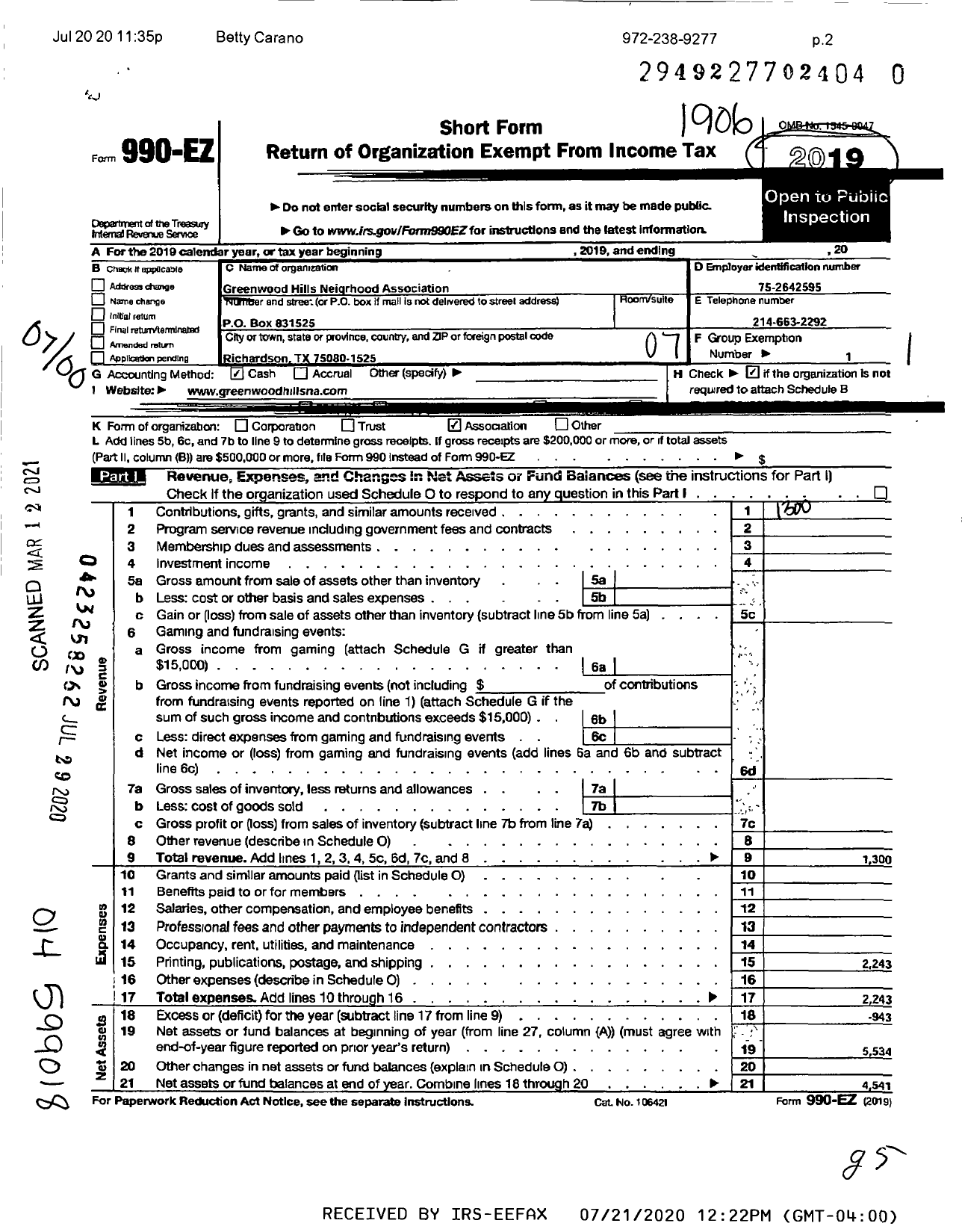 Image of first page of 2018 Form 990EO for Greenwood Hills Neighborhood Association