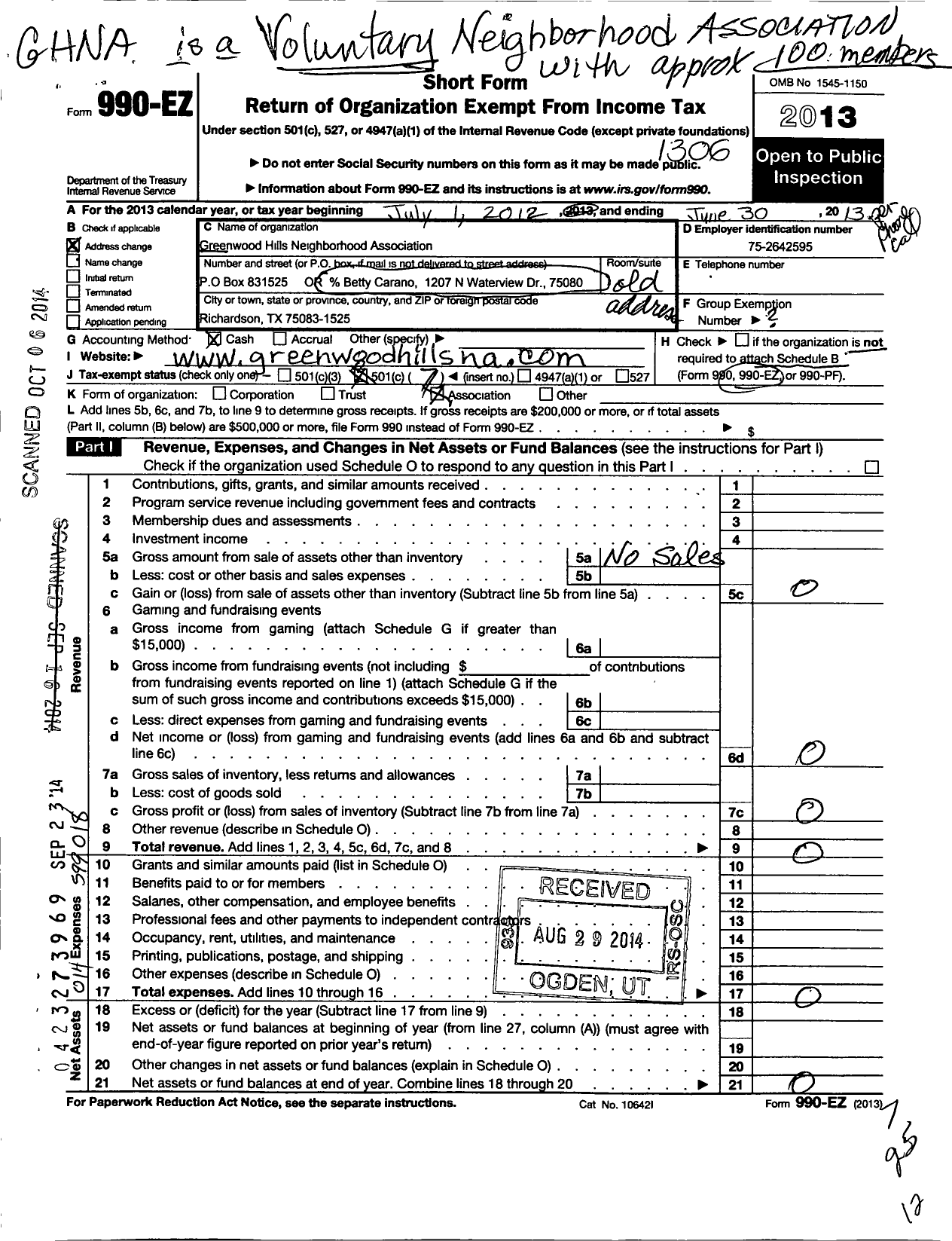 Image of first page of 2012 Form 990EO for Greenwood Hills Neighborhood Association