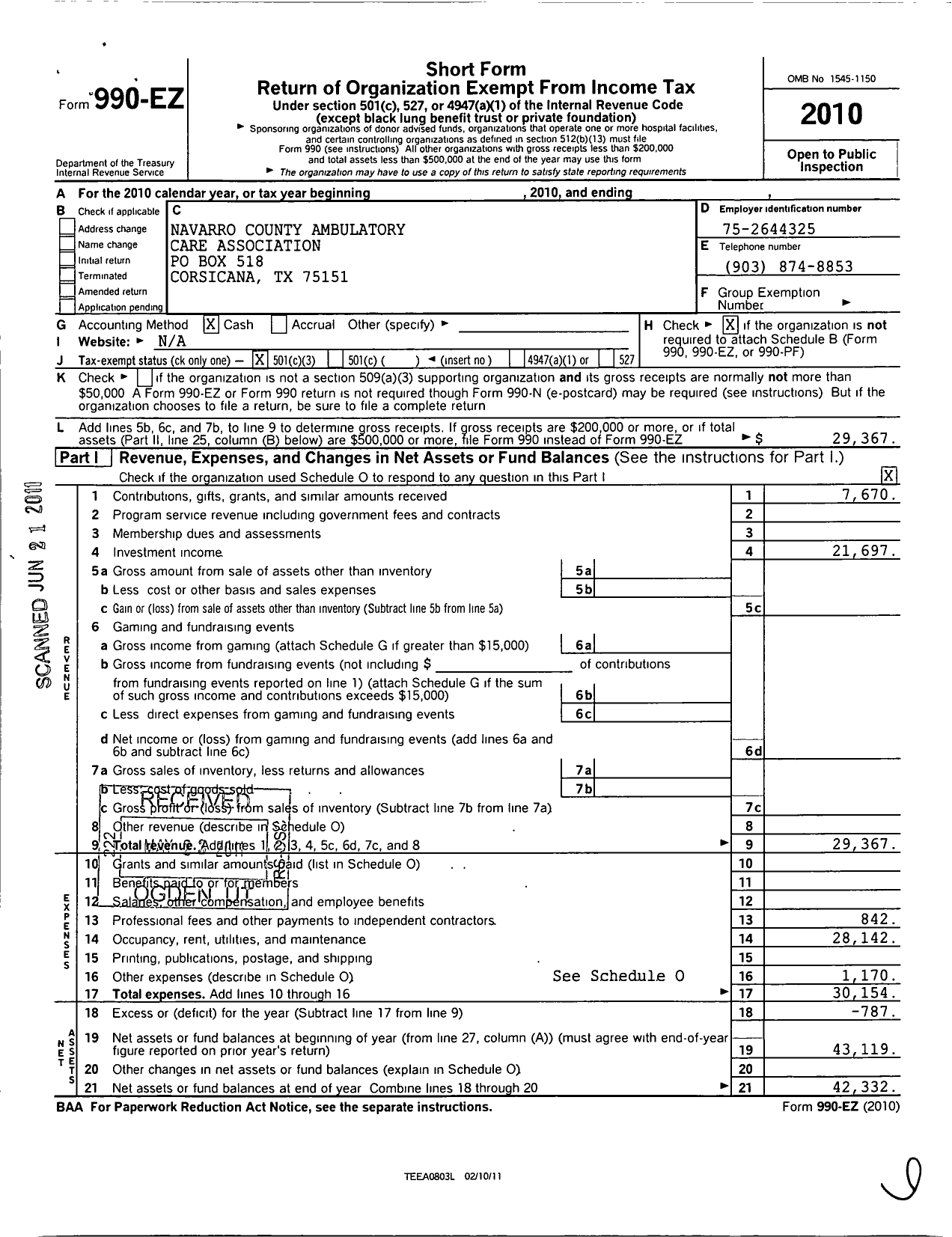 Image of first page of 2010 Form 990EZ for Navarro County Ambulatory Care Association