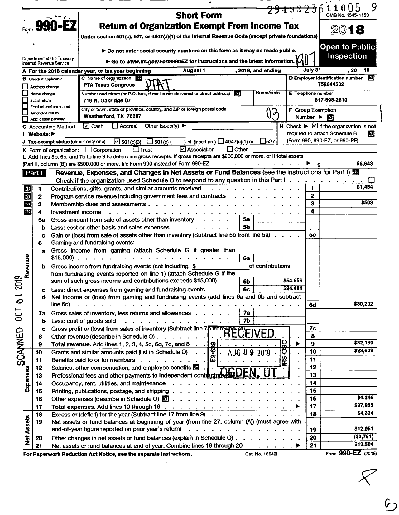 Image of first page of 2018 Form 990EZ for Texas PTA - 9756 Mary Martin Elementary