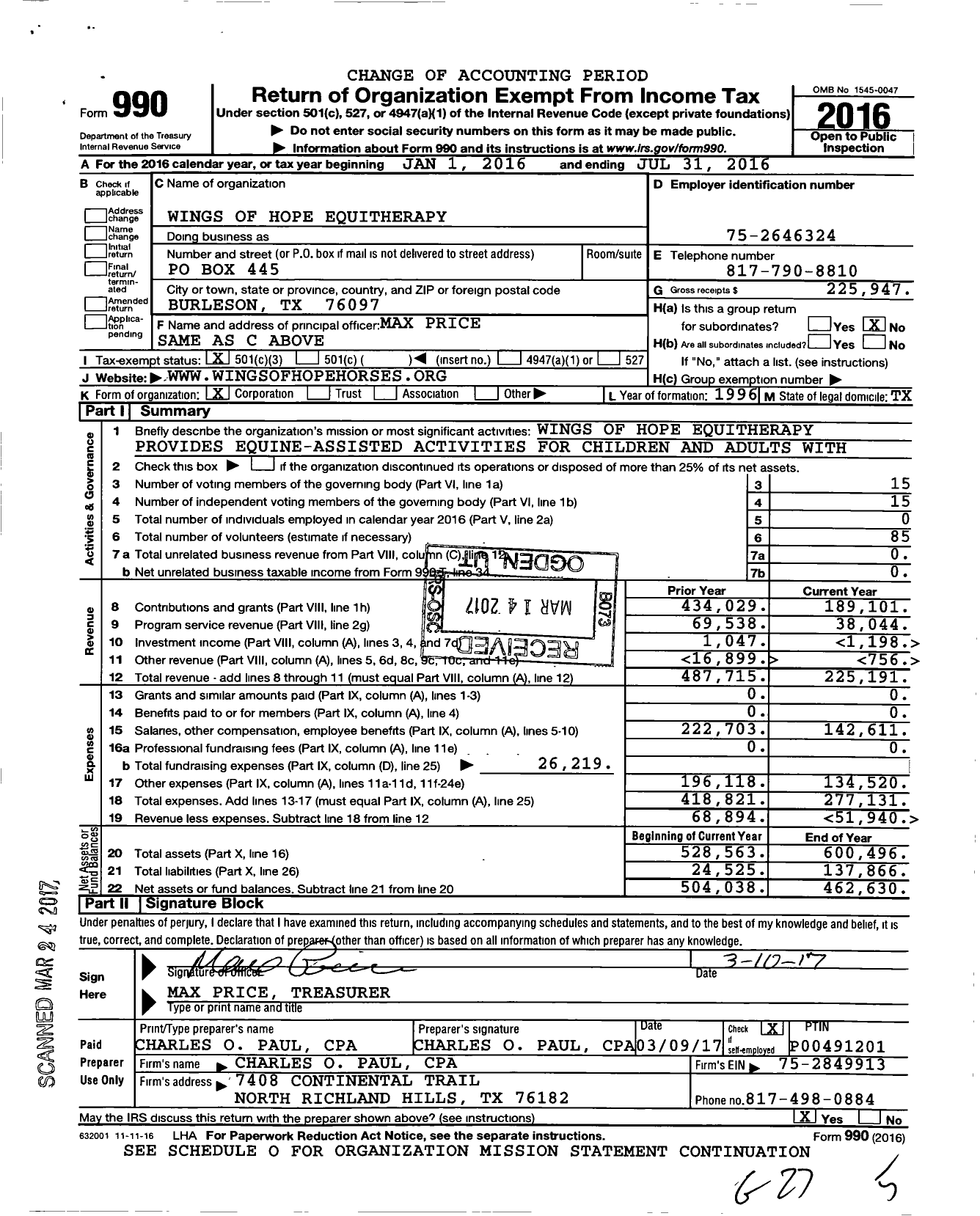 Image of first page of 2015 Form 990 for Wings of Hope Equitherapy