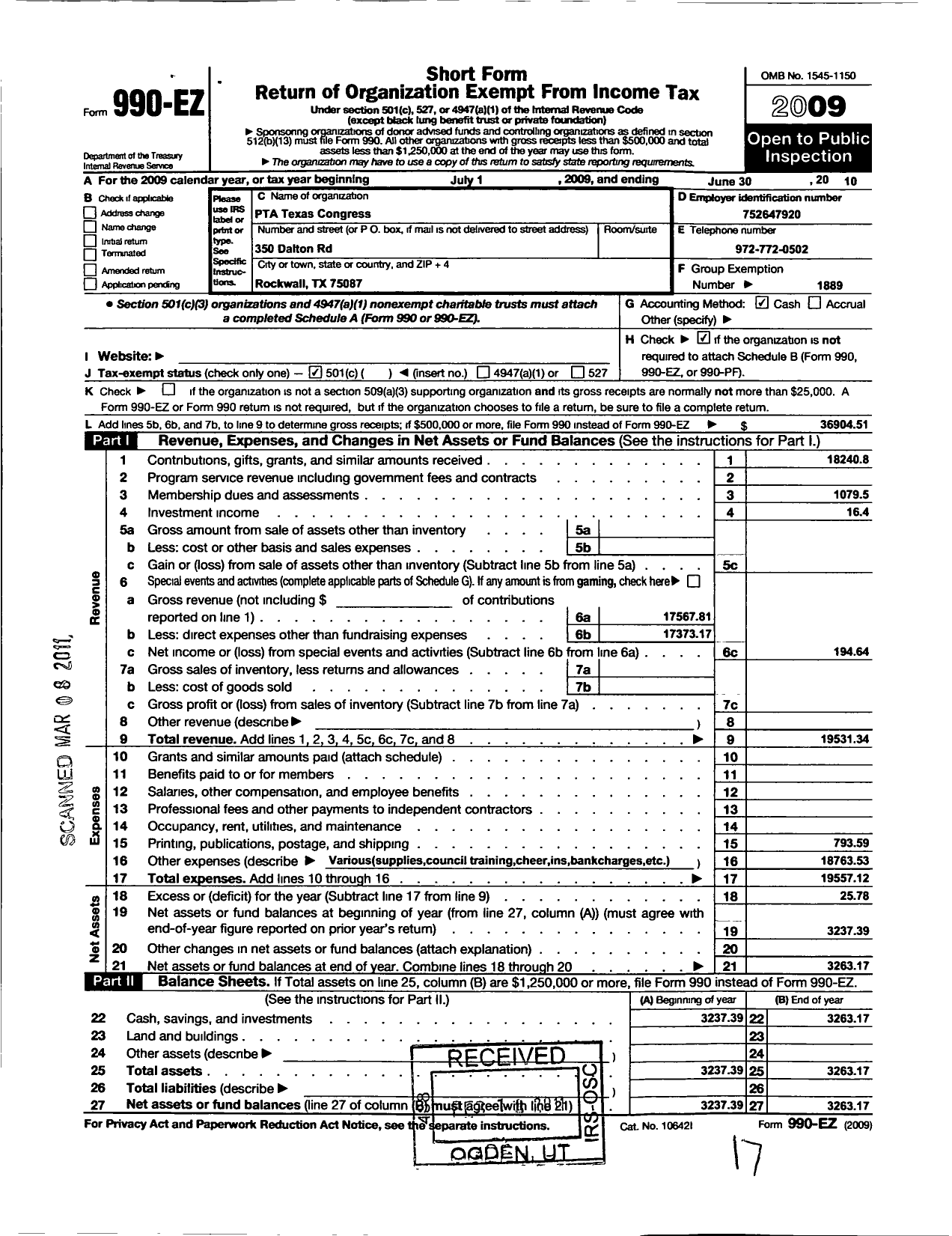 Image of first page of 2009 Form 990EO for Texas PTA - 7846 Nebbie Williams Elementary