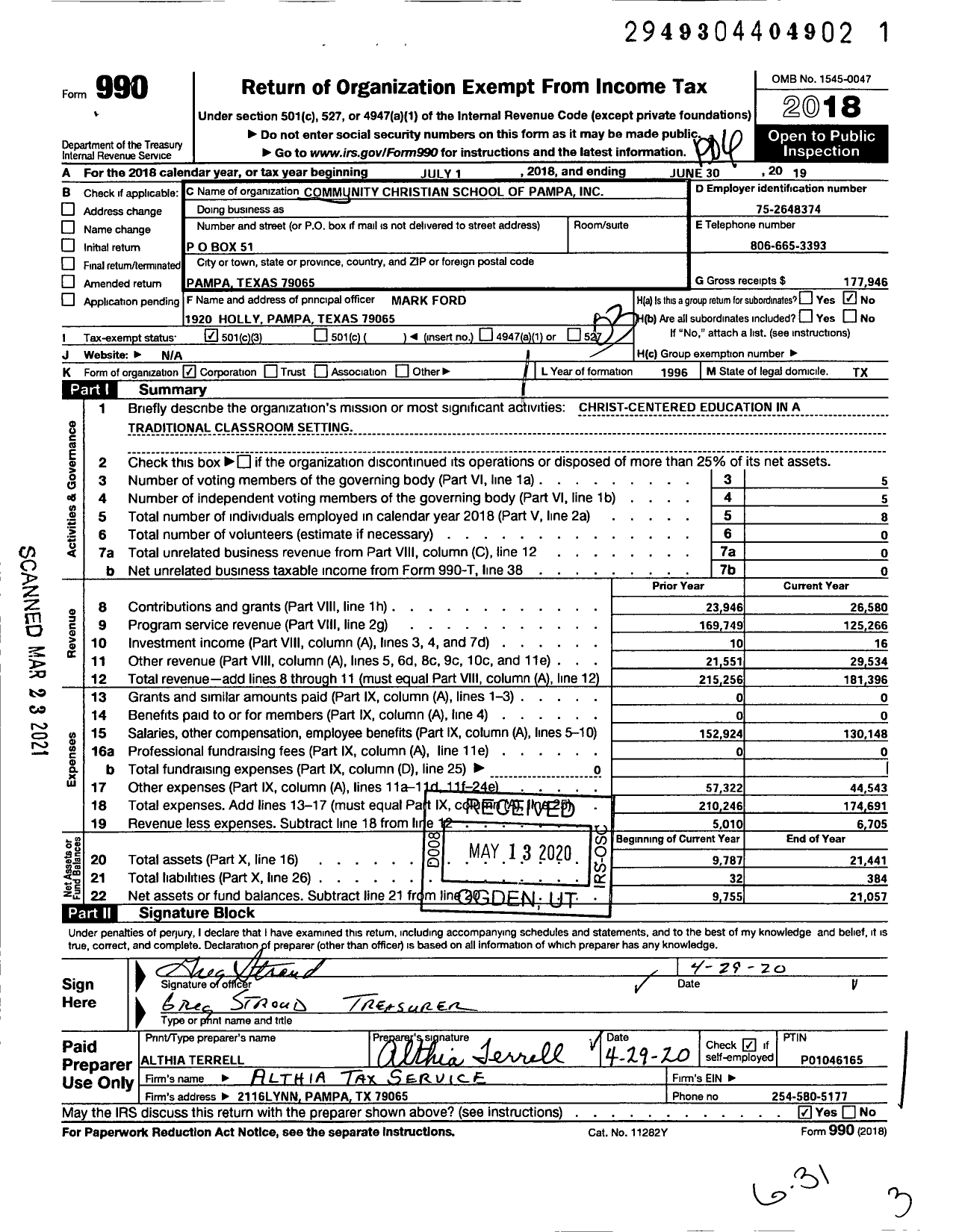 Image of first page of 2018 Form 990 for Community Christian School of Pampa