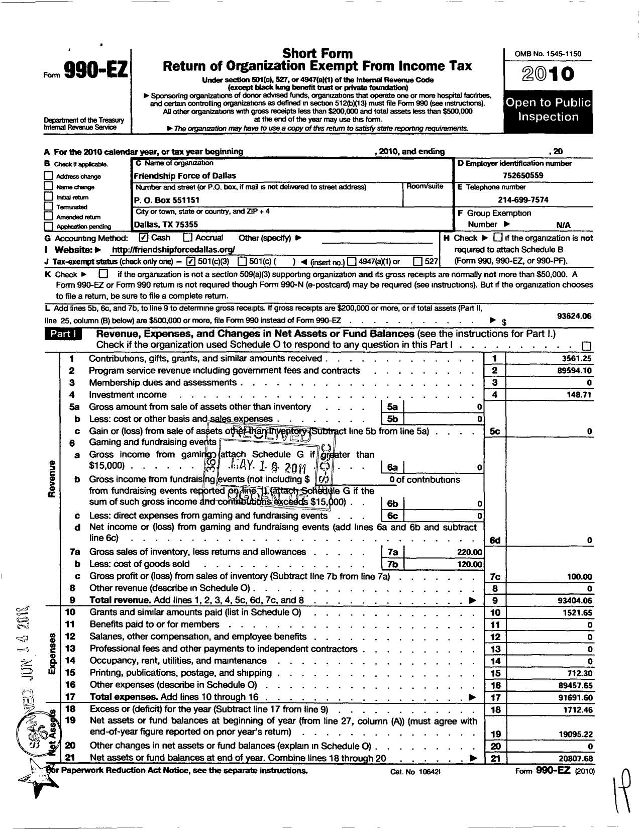 Image of first page of 2010 Form 990EZ for The Friendship Force of Dallas