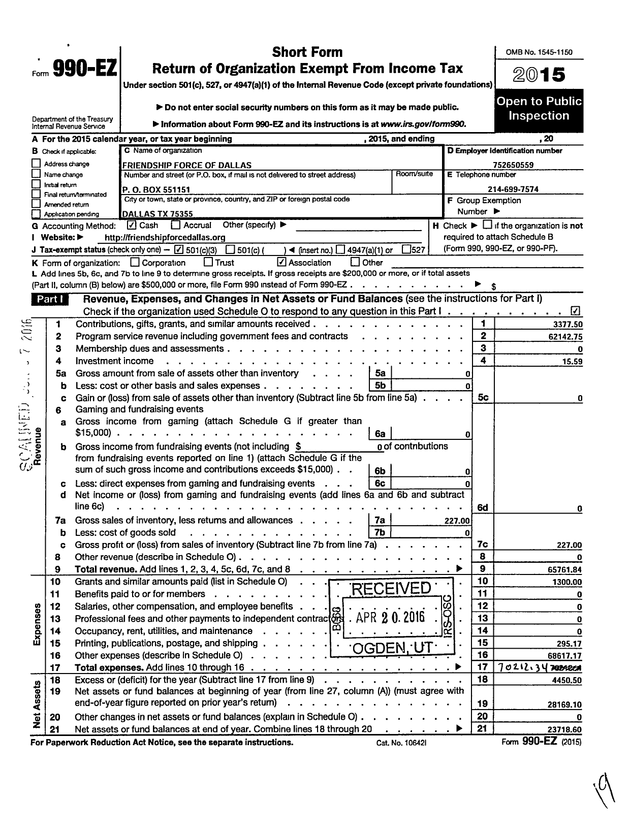 Image of first page of 2015 Form 990EZ for The Friendship Force of Dallas