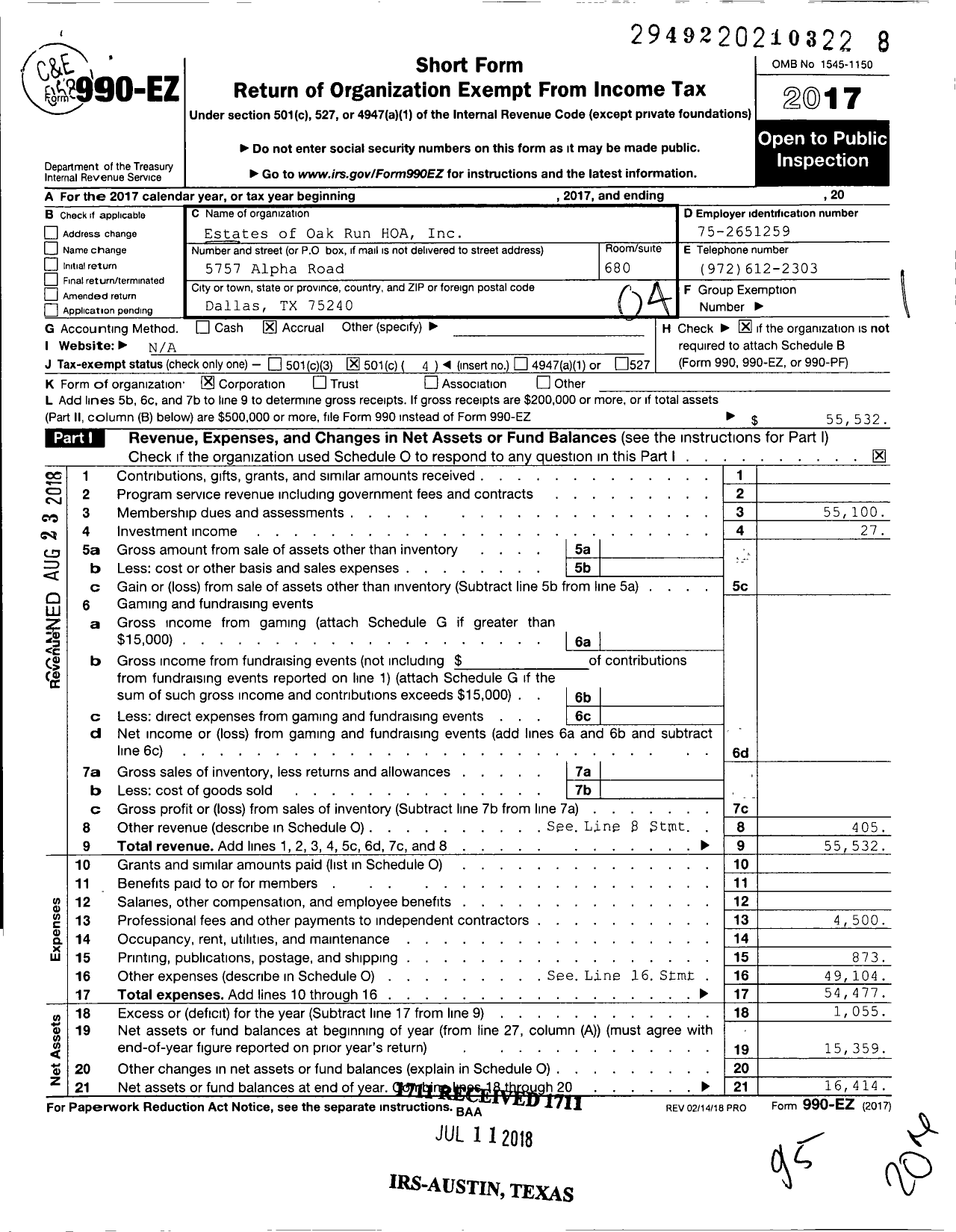 Image of first page of 2017 Form 990EO for Estates of Oak Run HOA