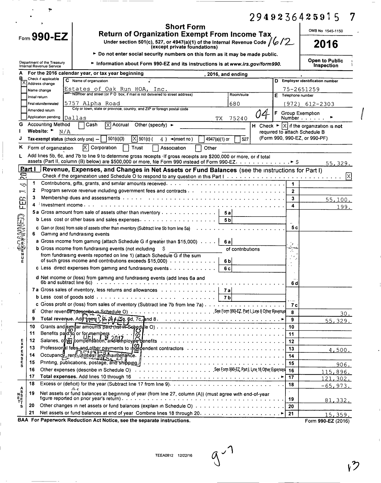 Image of first page of 2016 Form 990EO for Estates of Oak Run HOA