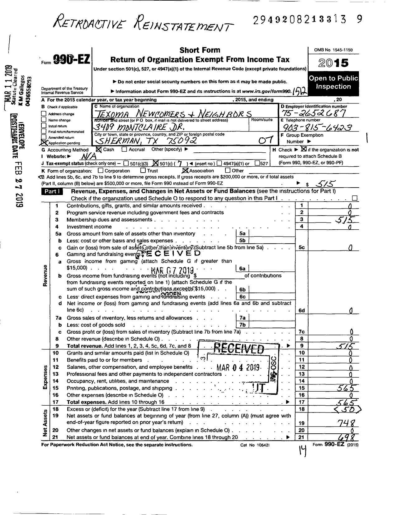 Image of first page of 2015 Form 990EO for Texoma Newcomers and Neighbors