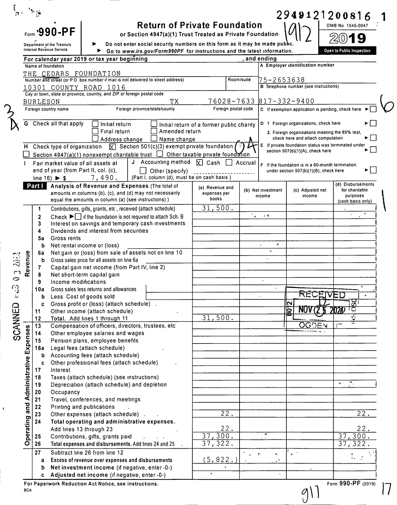 Image of first page of 2019 Form 990PF for The Cedars Foundation