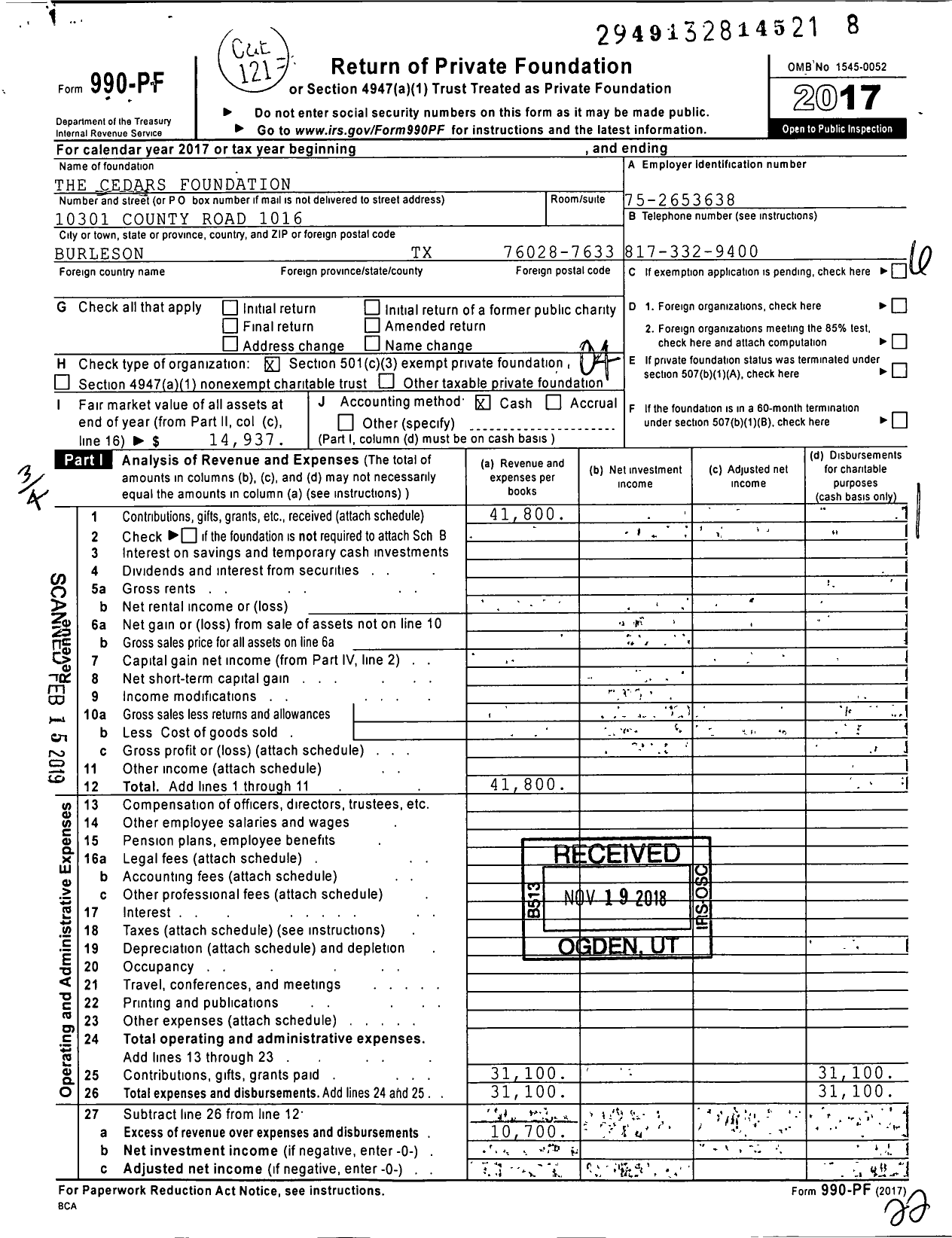 Image of first page of 2017 Form 990PF for The Cedars Foundation