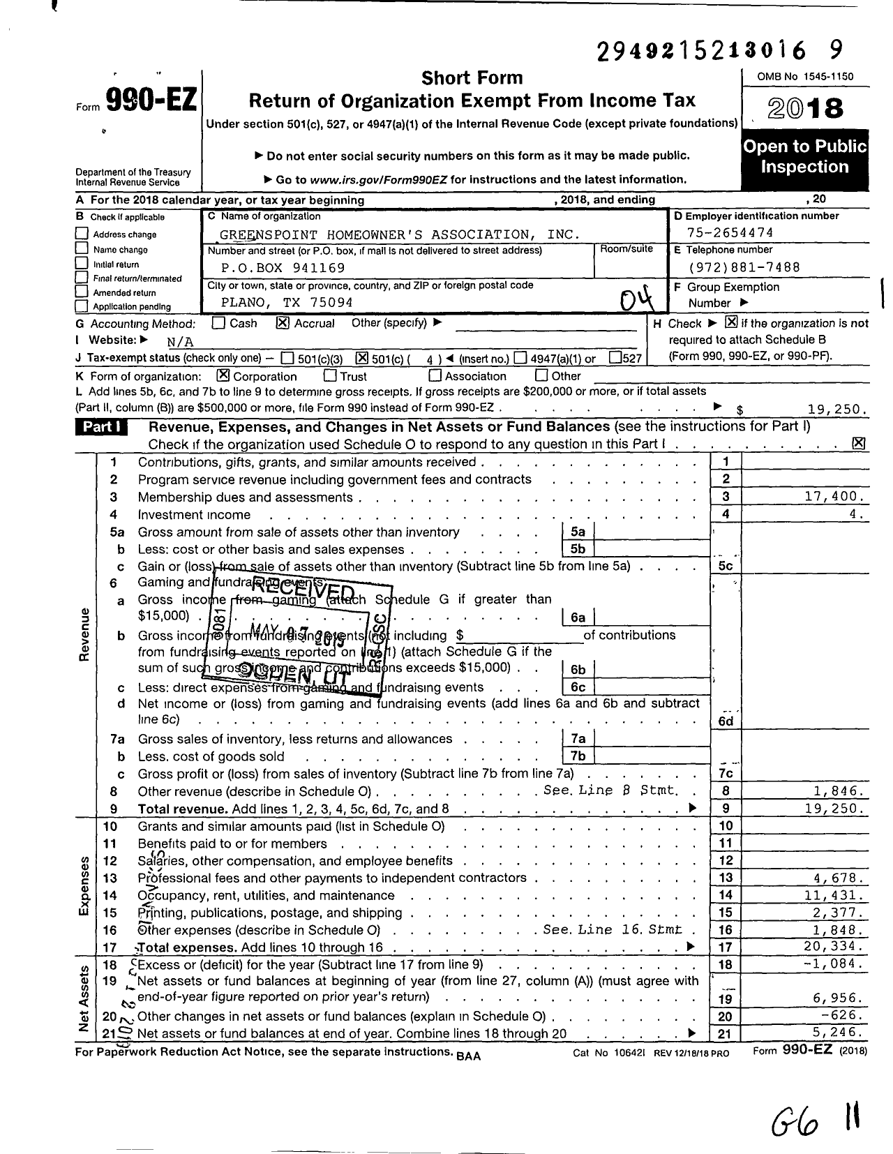 Image of first page of 2018 Form 990EO for Greenspoint Homeowners Association