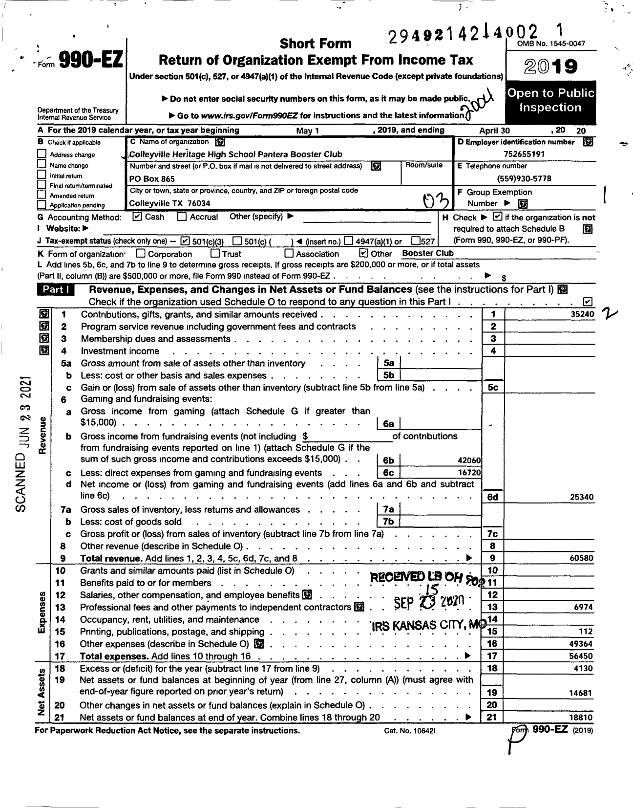 Image of first page of 2019 Form 990EZ for Colleyville Heritage High School Pantera Booster Club