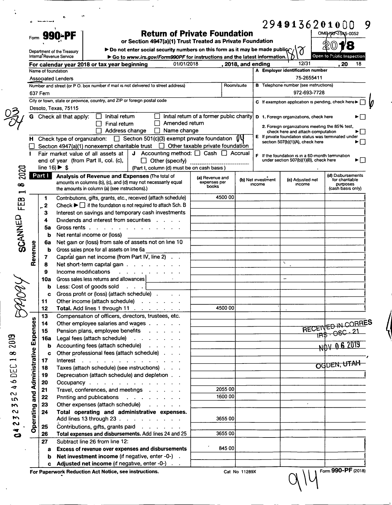 Image of first page of 2018 Form 990PF for Associated Lenders