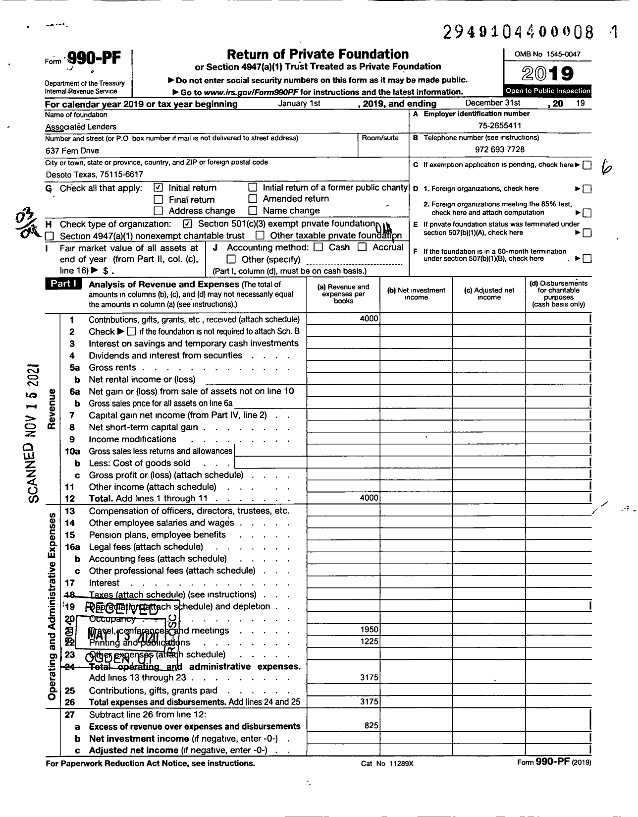 Image of first page of 2019 Form 990PF for Associated Lenders