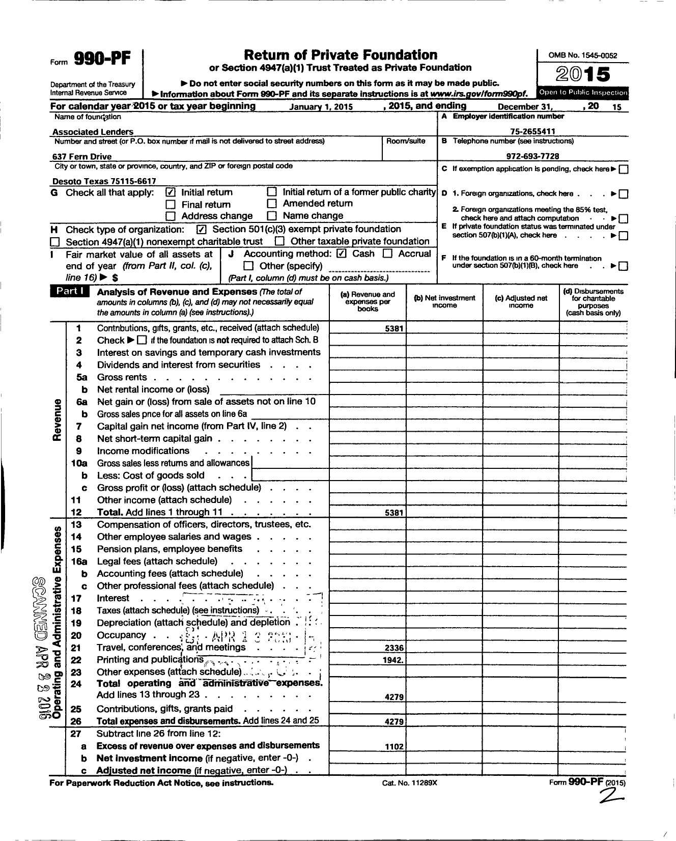 Image of first page of 2015 Form 990PF for Associated Lenders