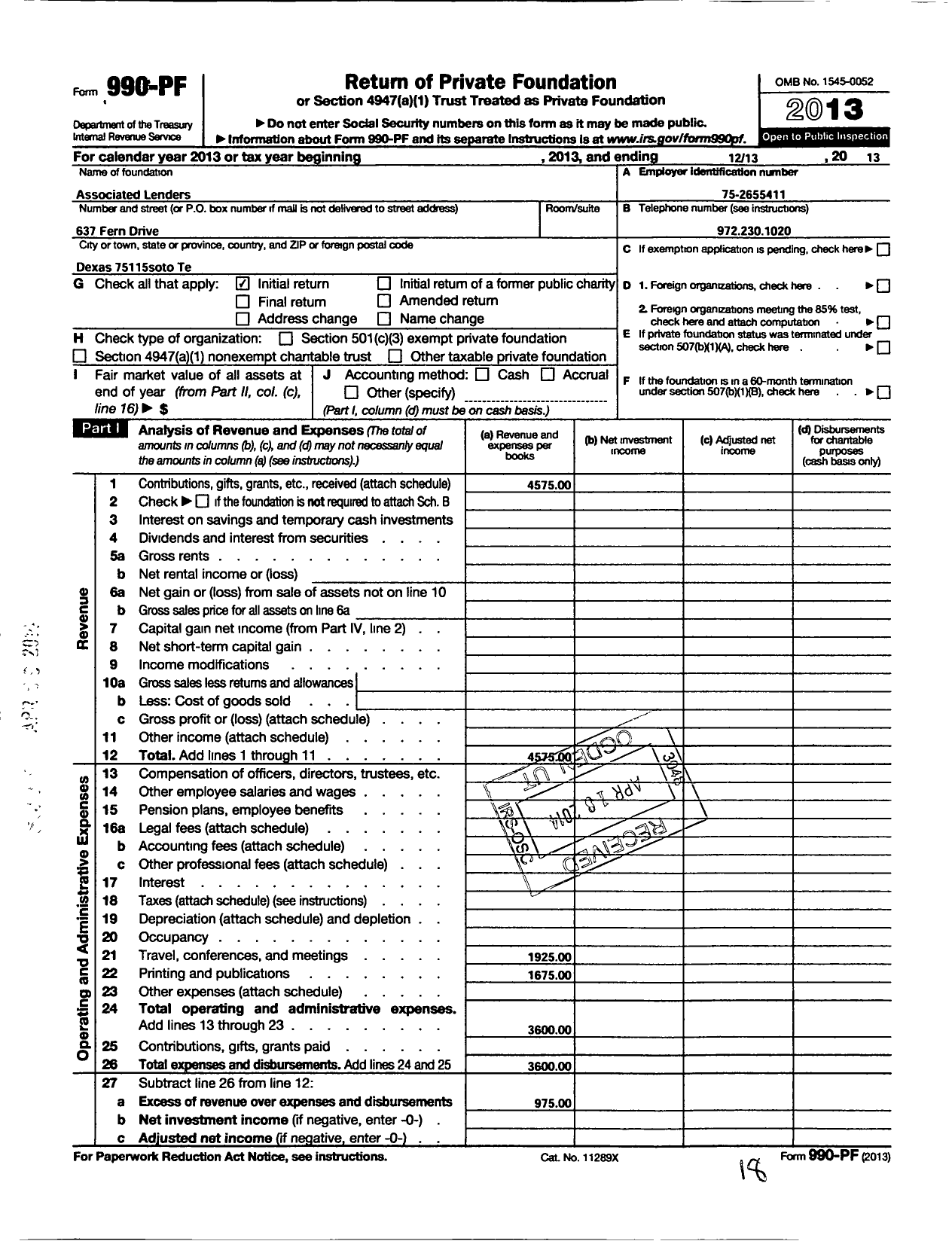 Image of first page of 2013 Form 990PF for Associated Lenders