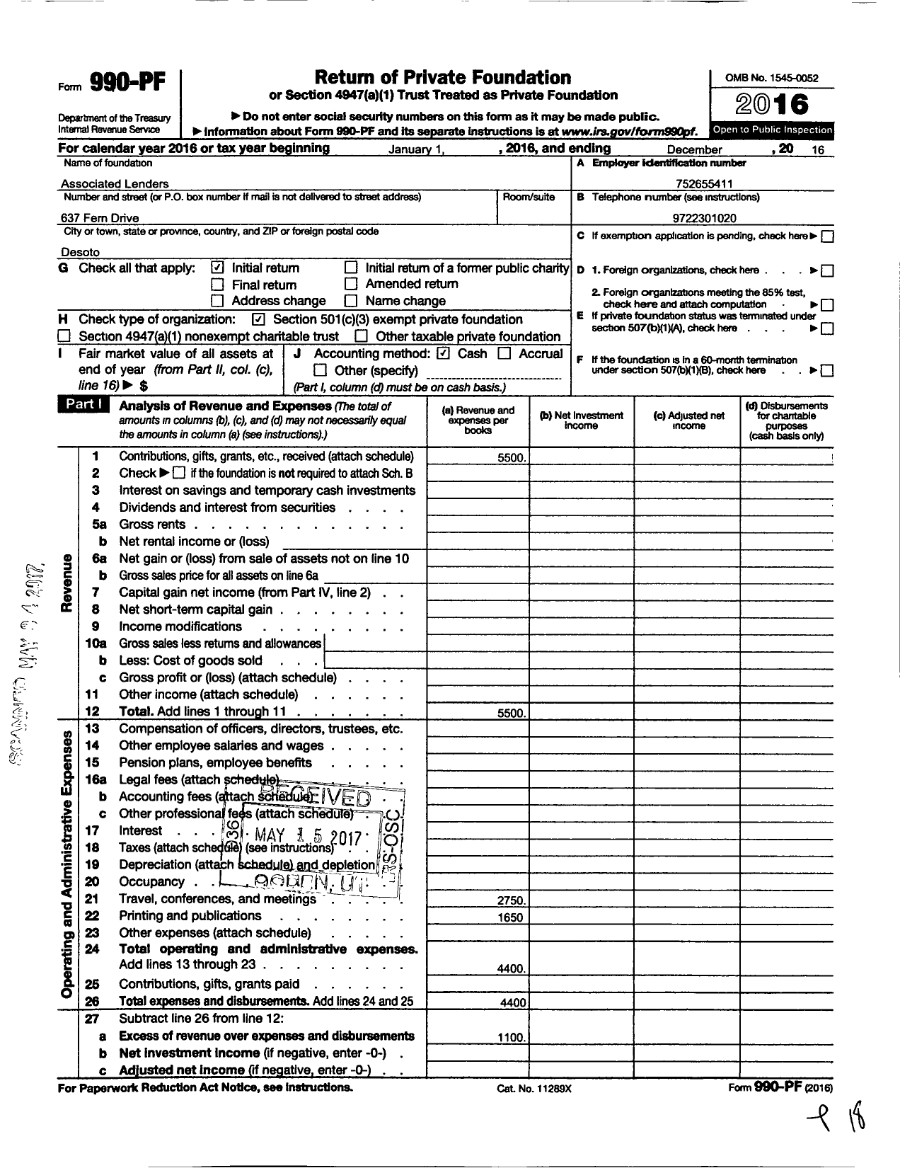 Image of first page of 2016 Form 990PF for Associated Lenders