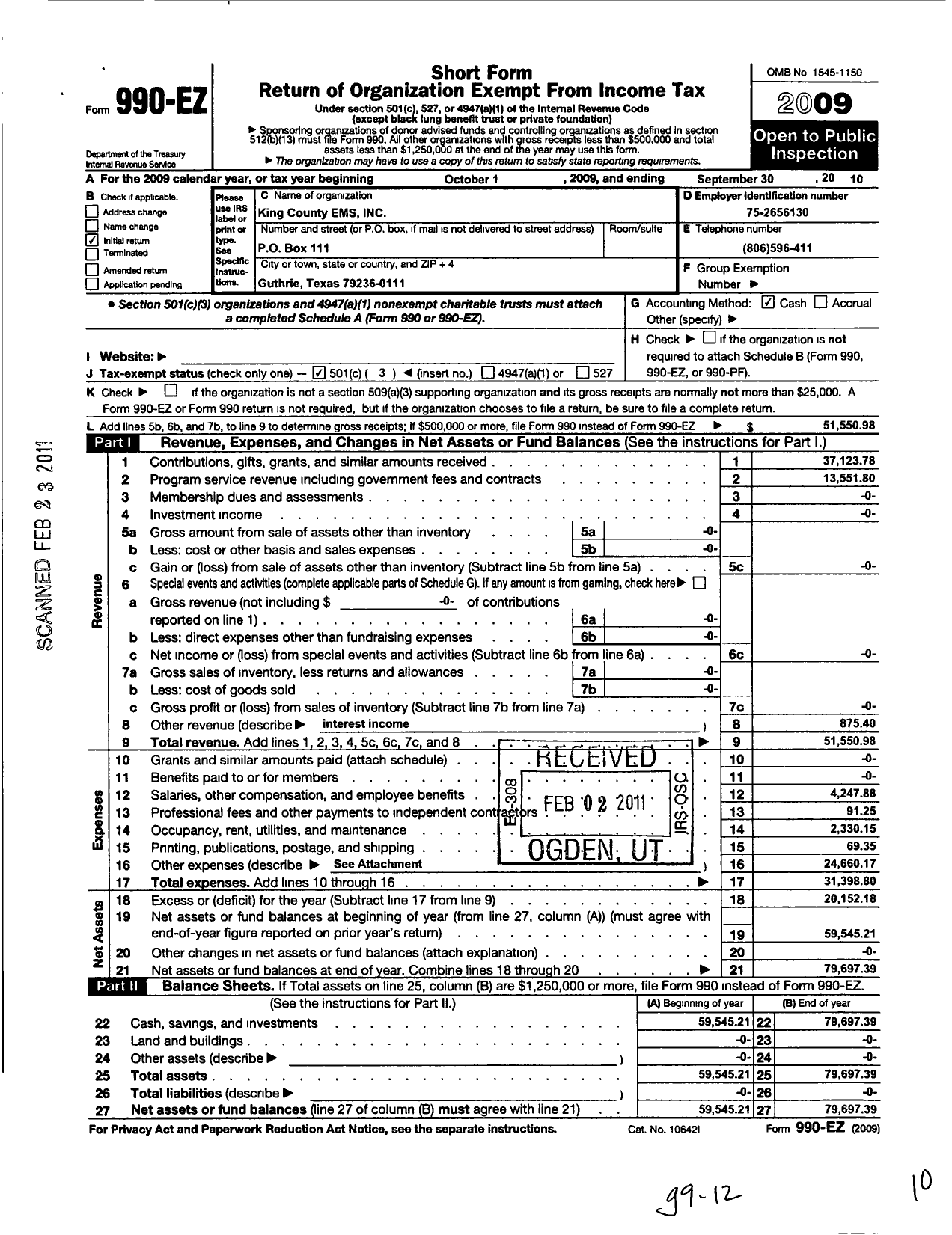 Image of first page of 2009 Form 990EZ for King County Ems