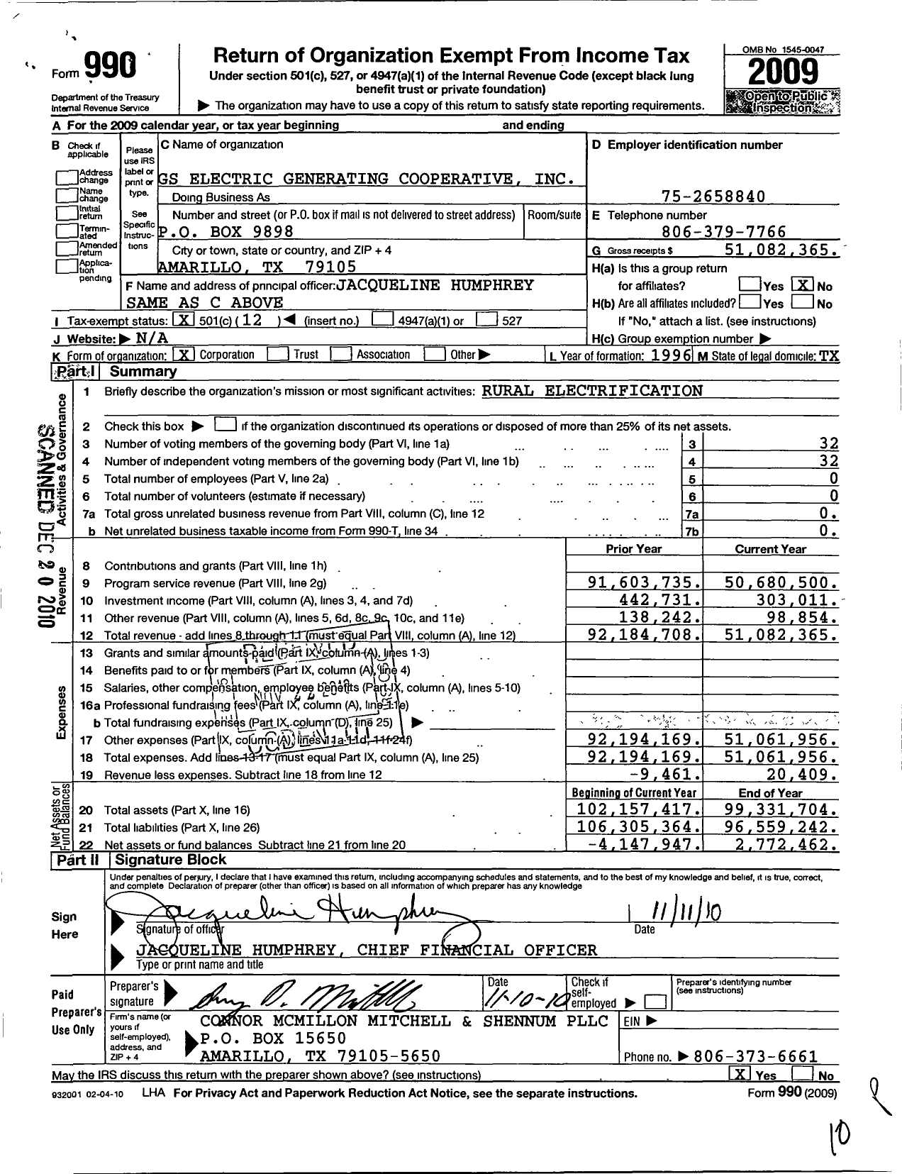 Image of first page of 2009 Form 990O for GS Electric Generating Cooperative