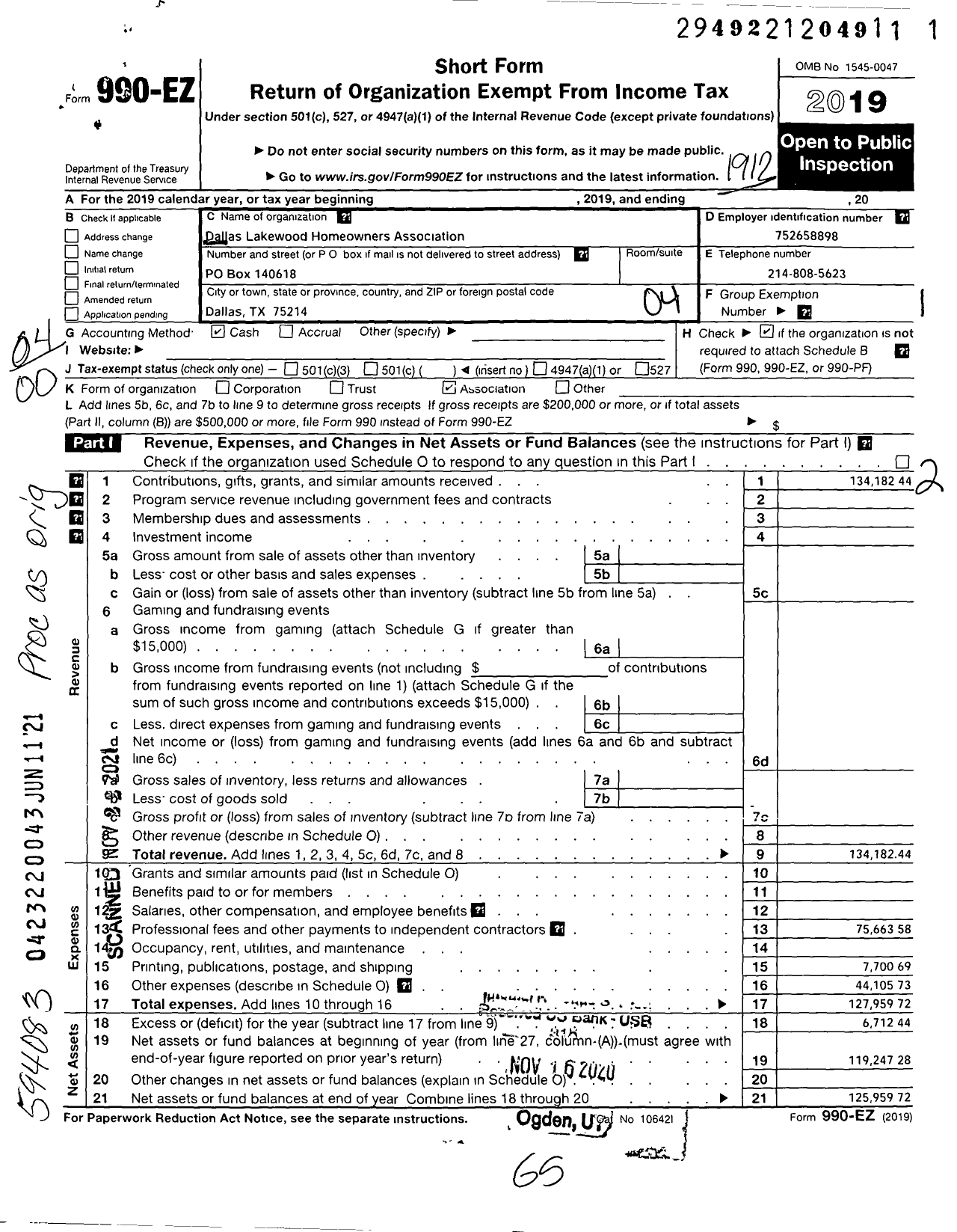 Image of first page of 2019 Form 990EO for Dallas Lakewood Homeowners Association Dallas Lakewood Homeowners Association