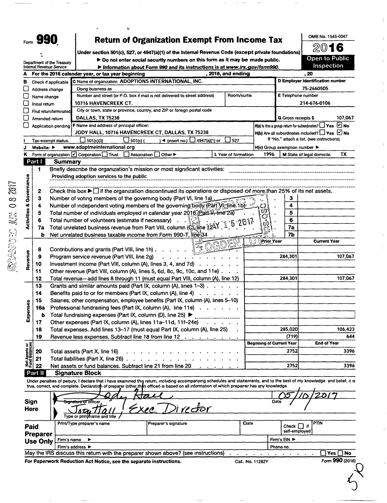 Image of first page of 2016 Form 990O for Adoptions International