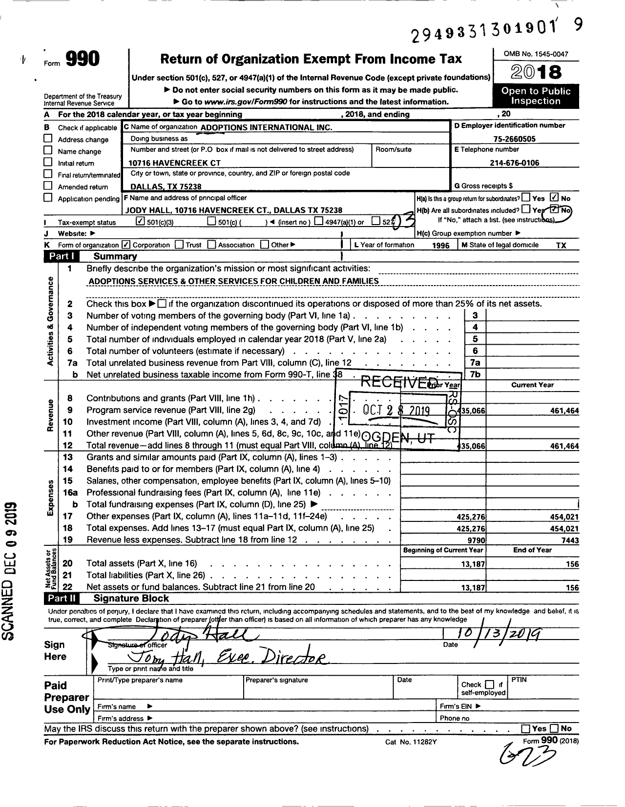 Image of first page of 2018 Form 990 for Adoptions International