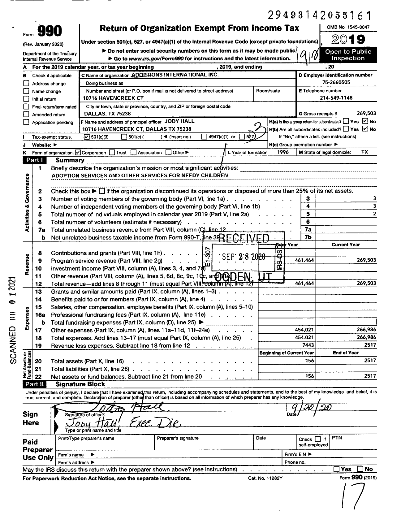 Image of first page of 2019 Form 990 for Adoptions International