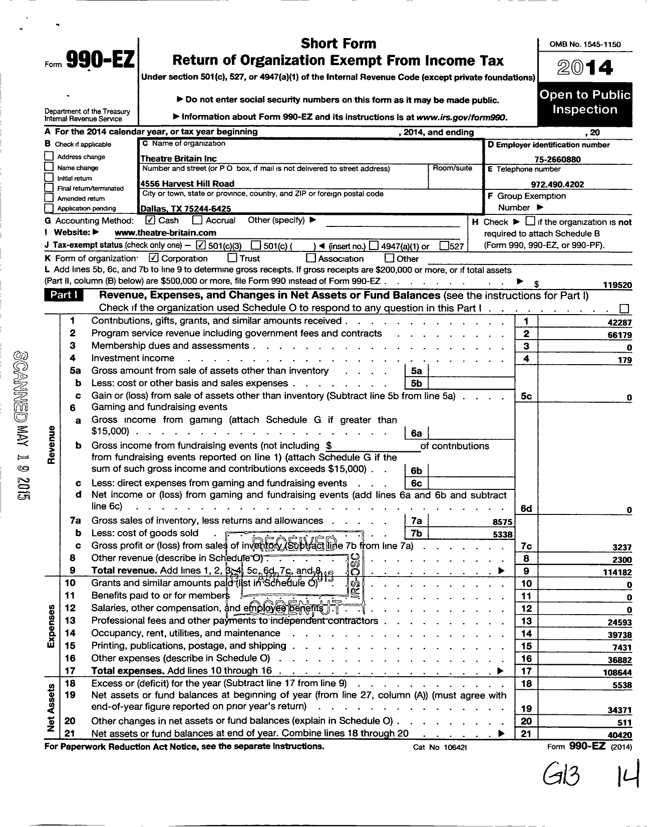 Image of first page of 2014 Form 990EZ for Theatre Britain