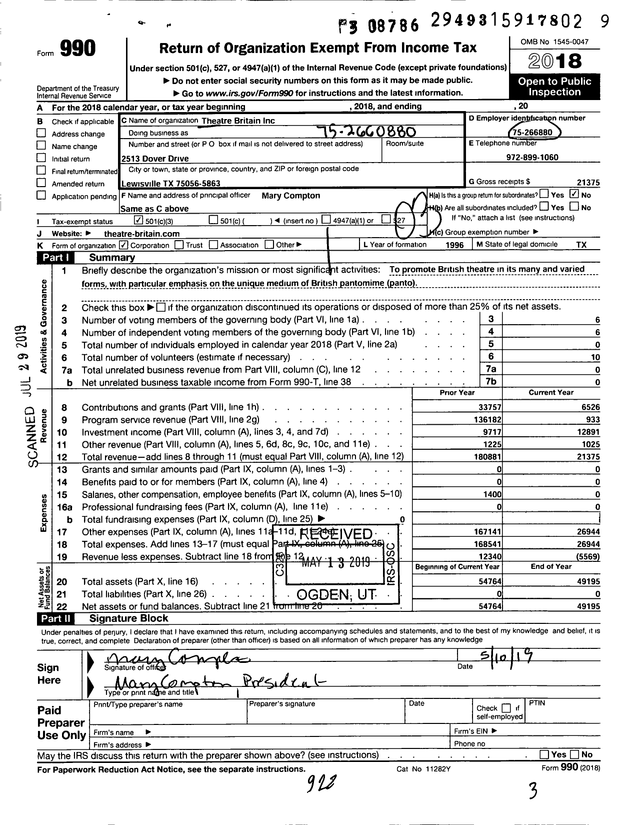 Image of first page of 2018 Form 990 for Theatre Britain