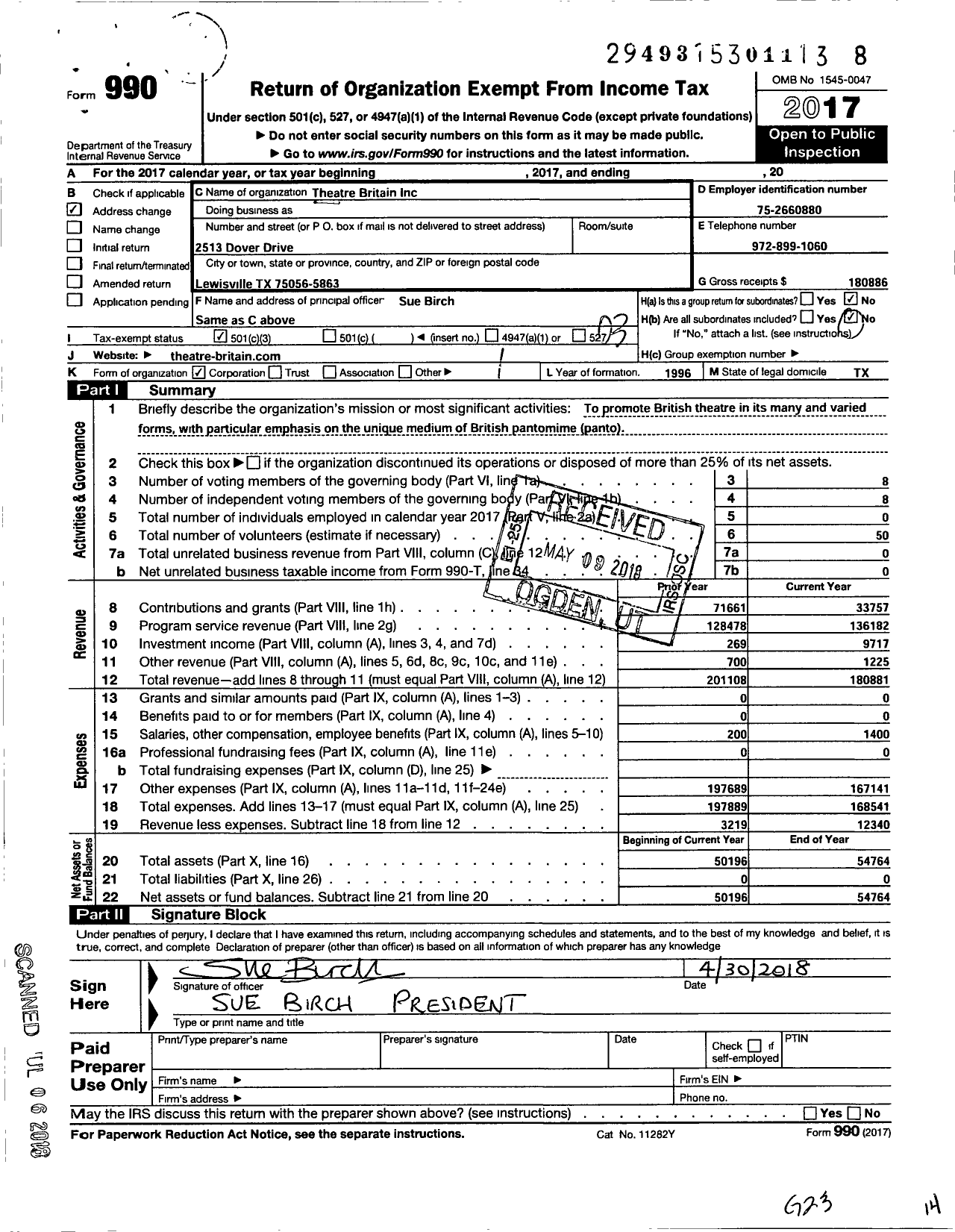 Image of first page of 2017 Form 990 for Theatre Britain