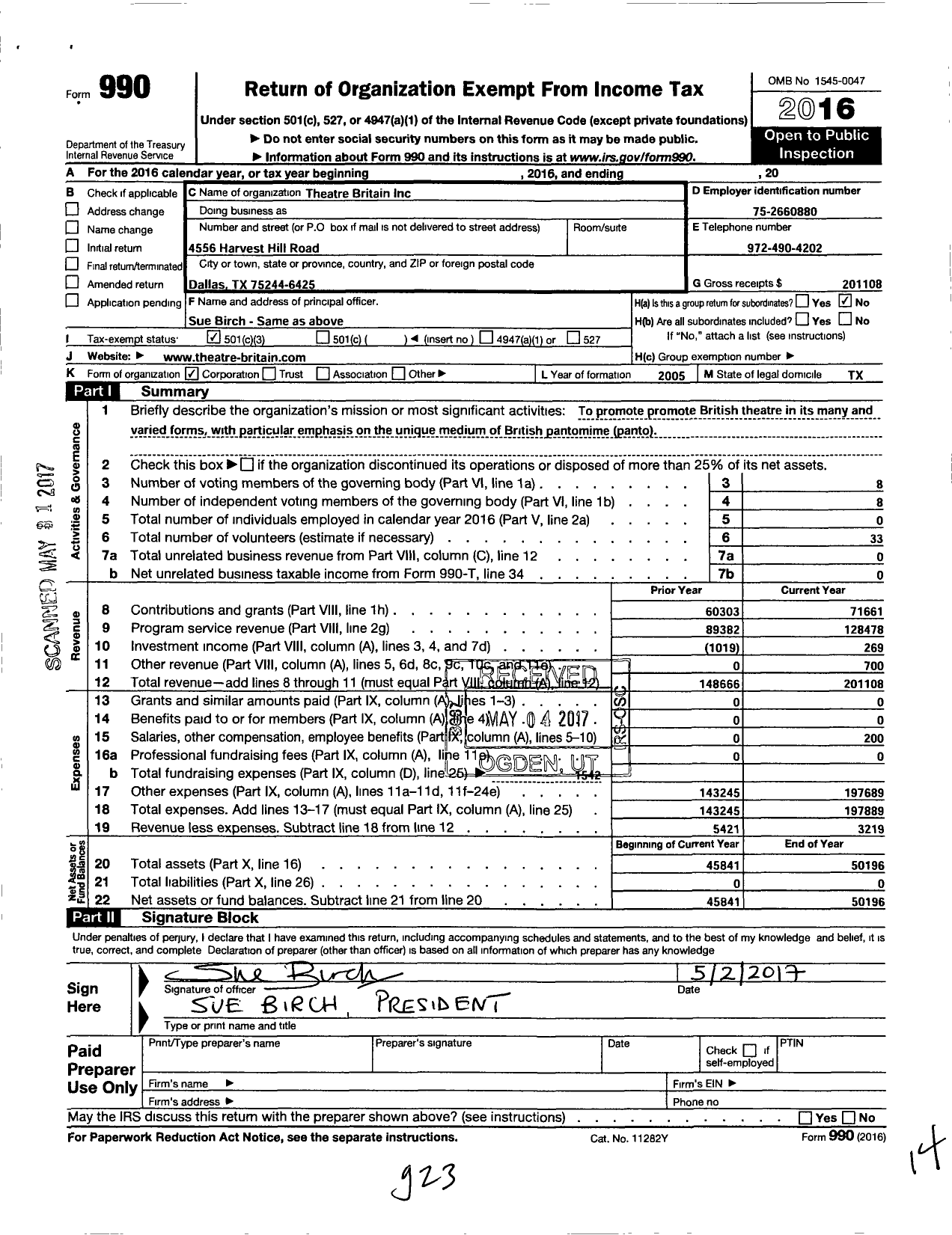 Image of first page of 2016 Form 990 for Theatre Britain