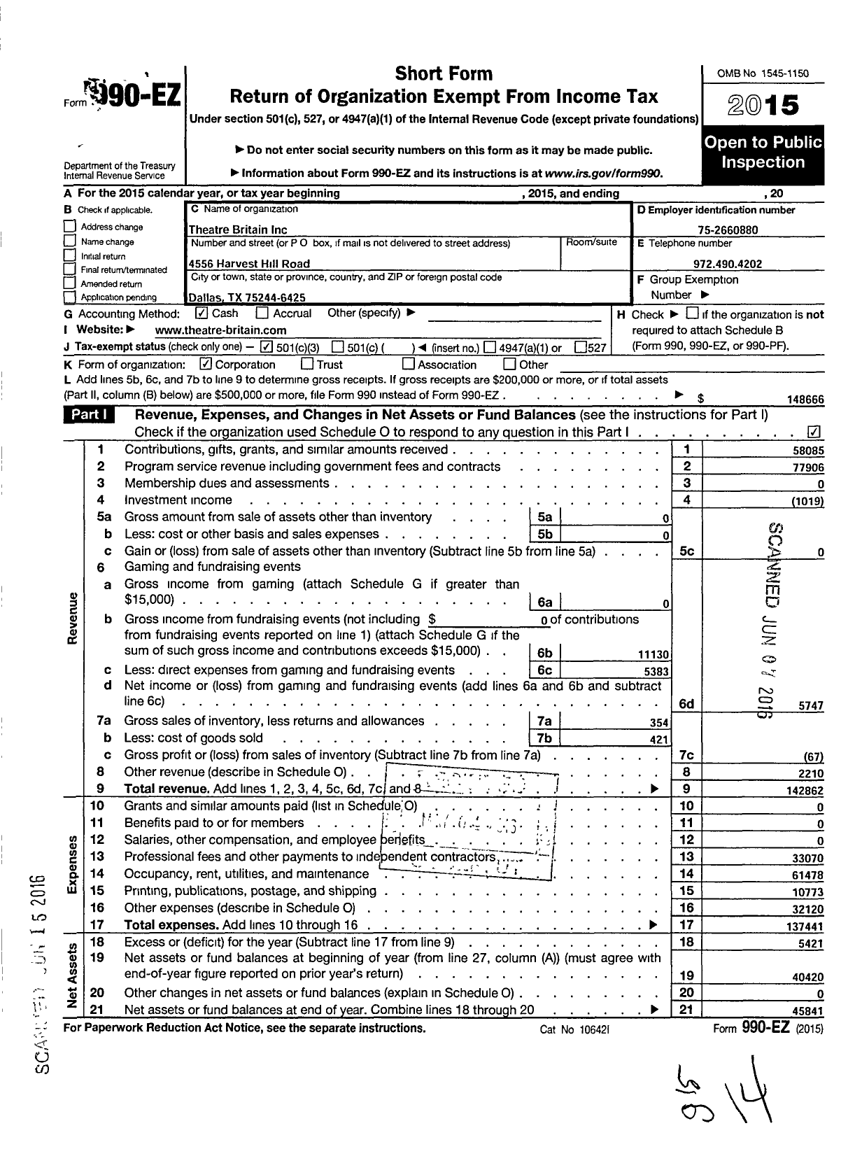 Image of first page of 2015 Form 990EZ for Theatre Britain