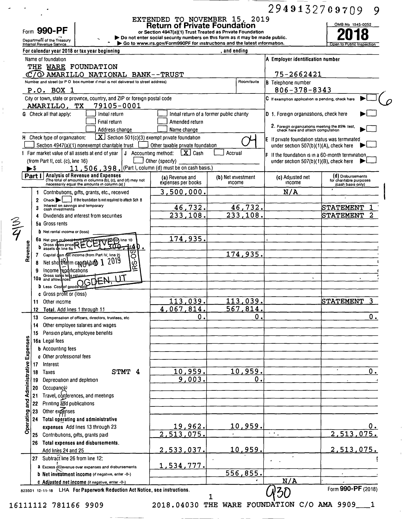 Image of first page of 2018 Form 990PF for The Ware Foundation