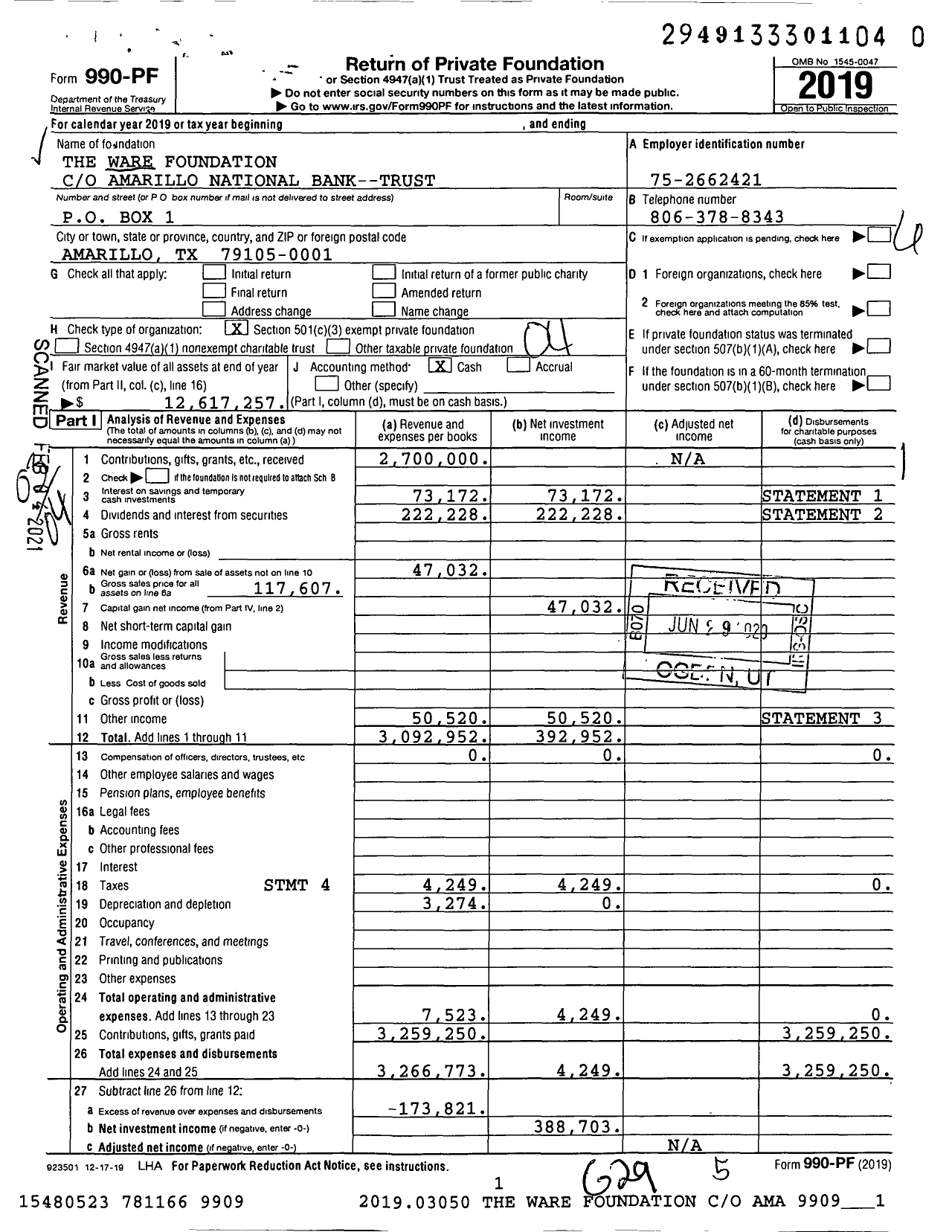 Image of first page of 2019 Form 990PF for The Ware Foundation