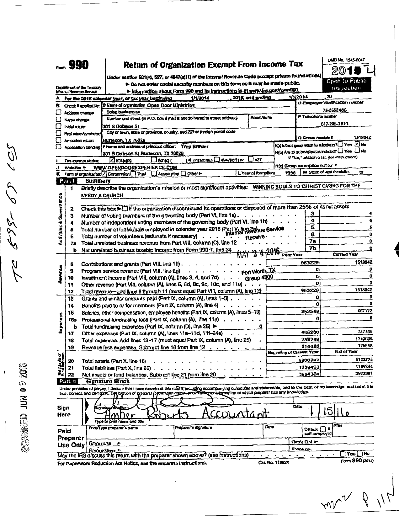 Image of first page of 2013 Form 990 for Open Door Ministries