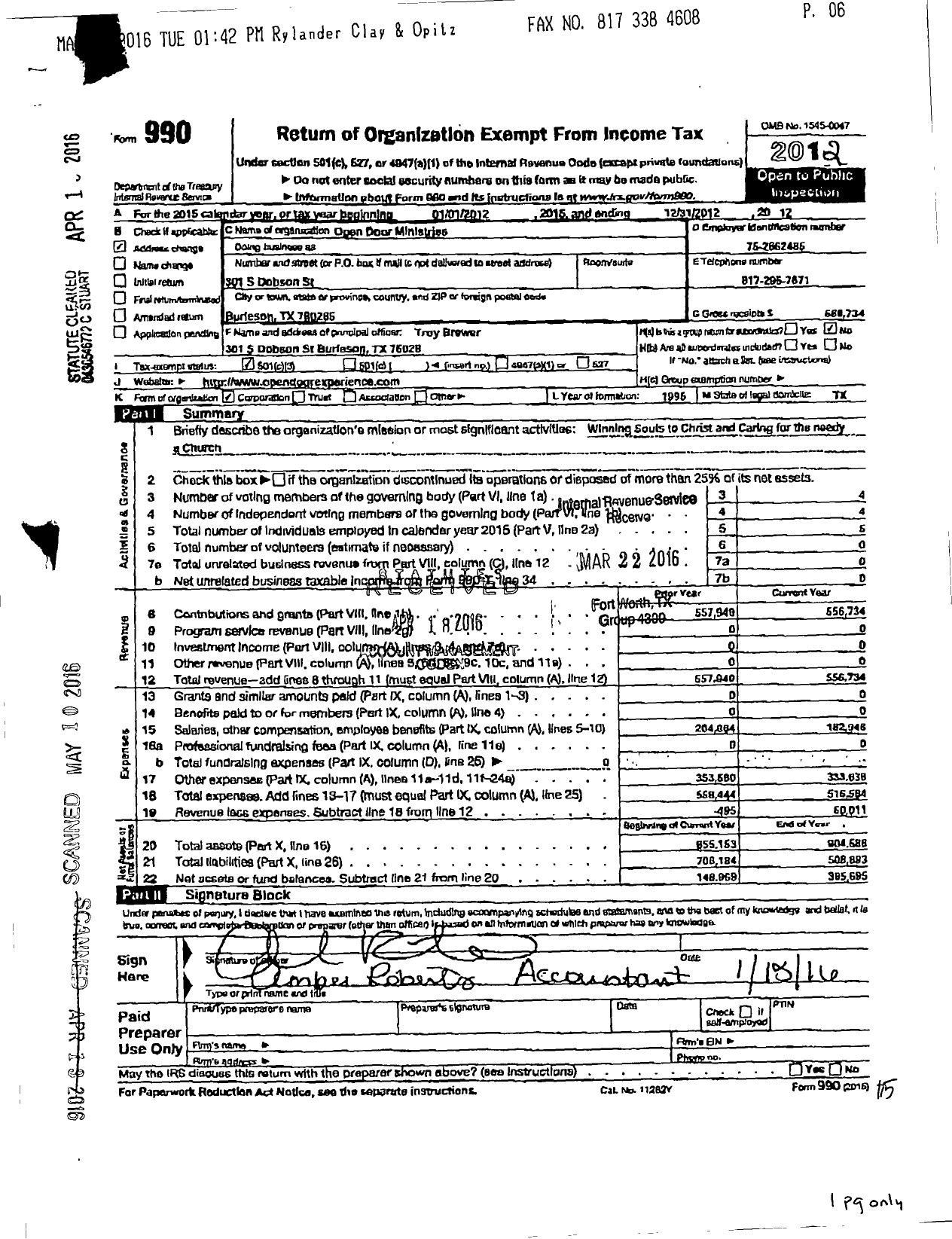 Image of first page of 2012 Form 990 for Open Door Ministries