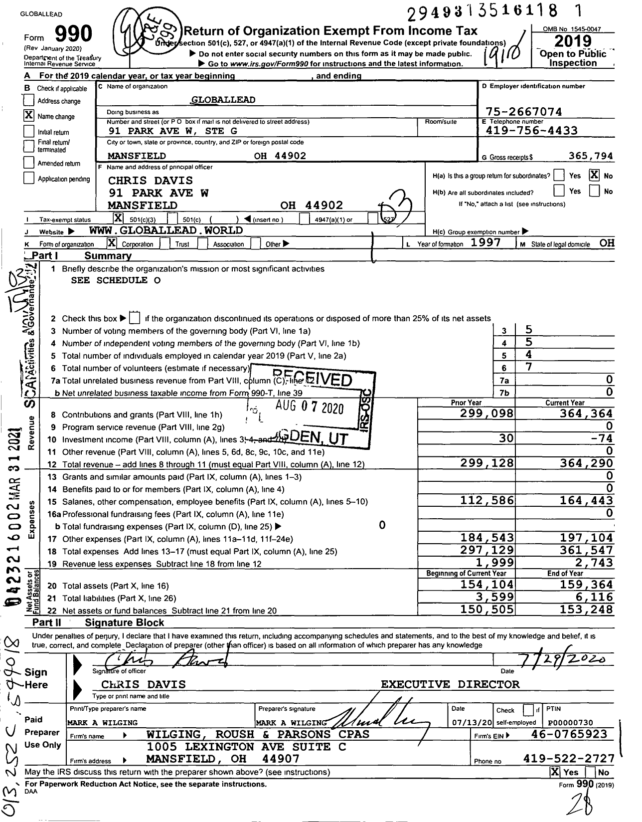 Image of first page of 2019 Form 990 for Globallead