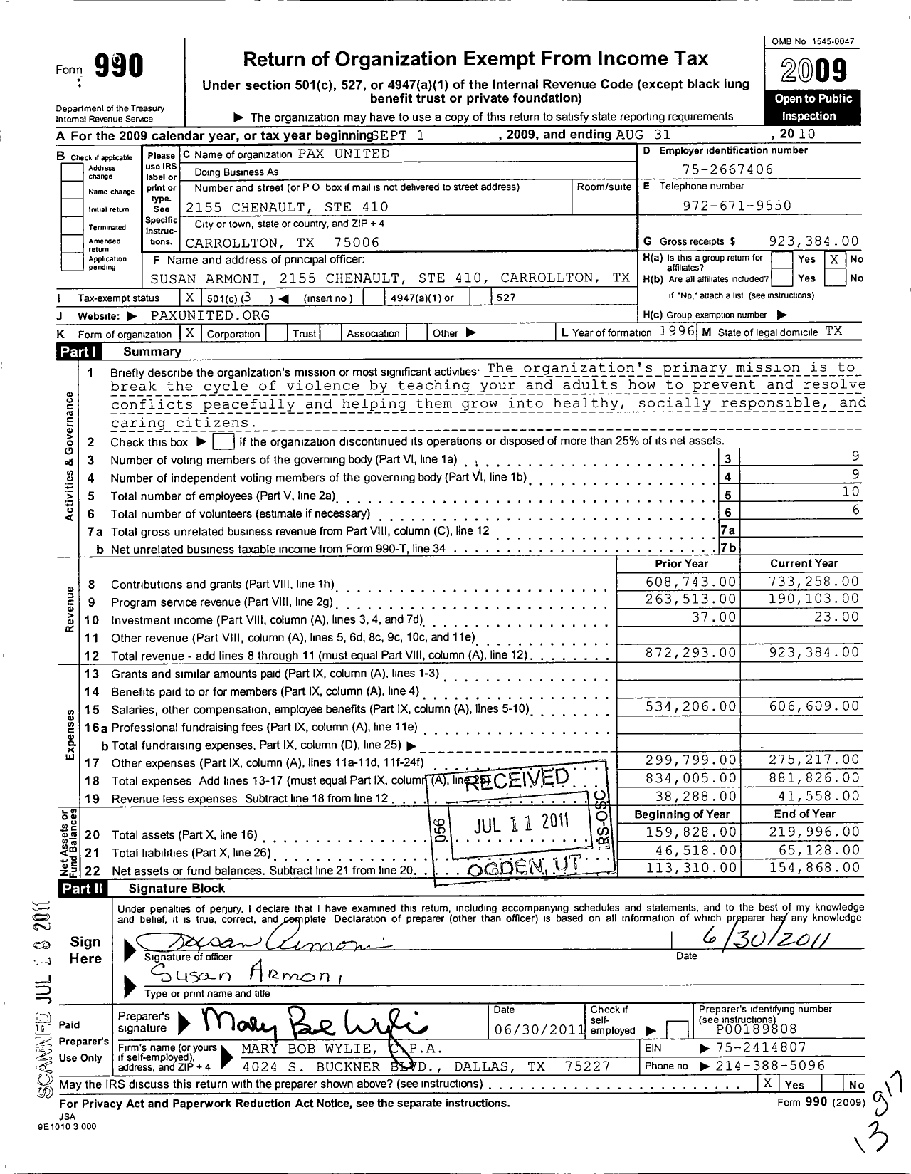 Image of first page of 2009 Form 990 for Paxunited