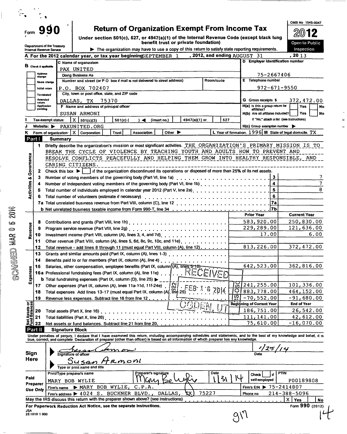 Image of first page of 2012 Form 990 for Paxunited