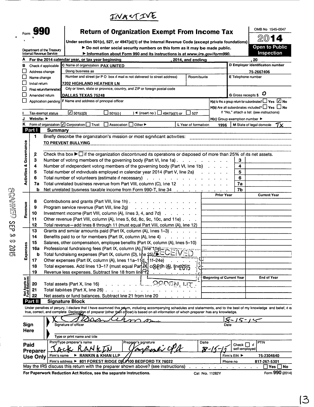 Image of first page of 2014 Form 990 for Paxunited