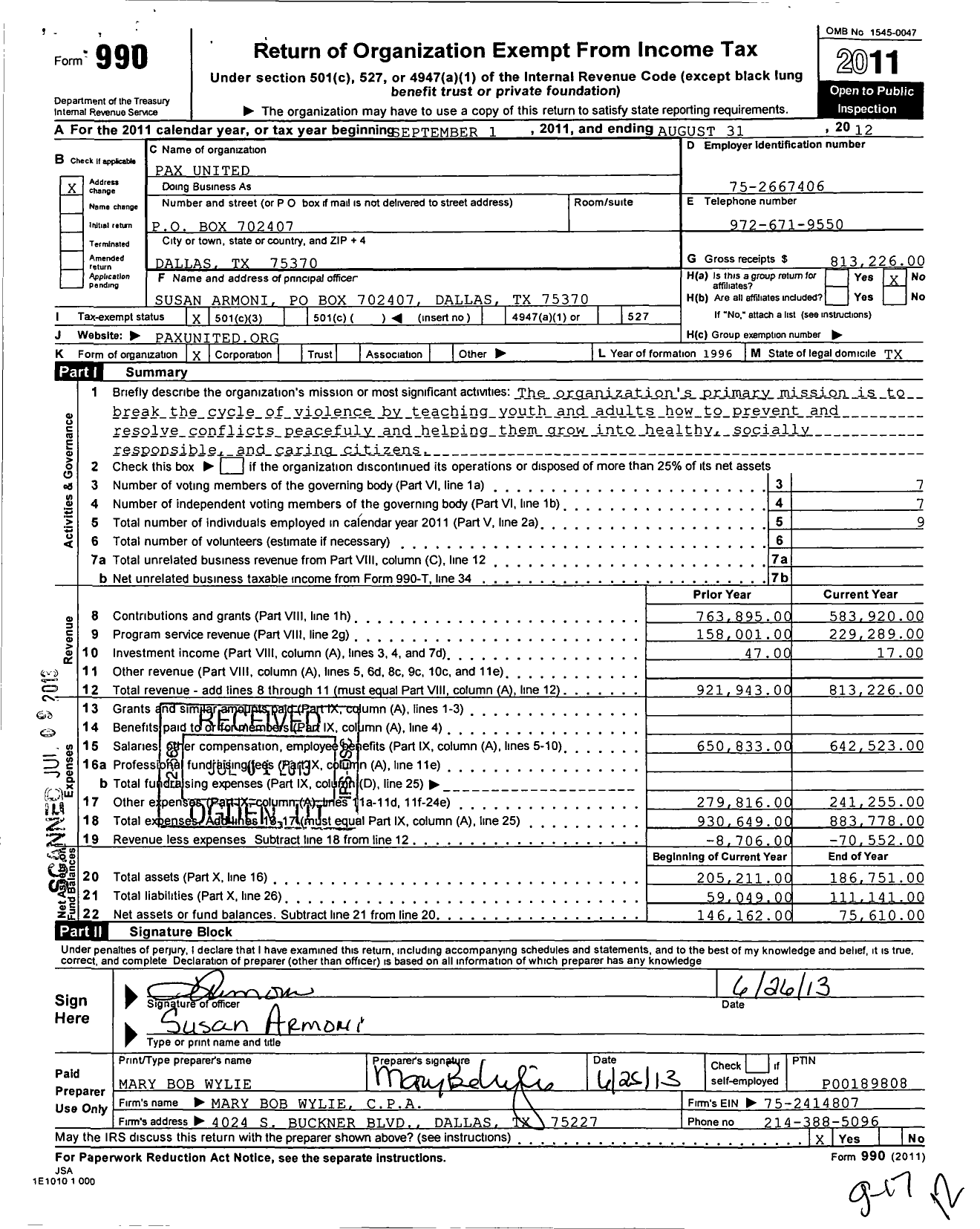 Image of first page of 2011 Form 990 for Paxunited