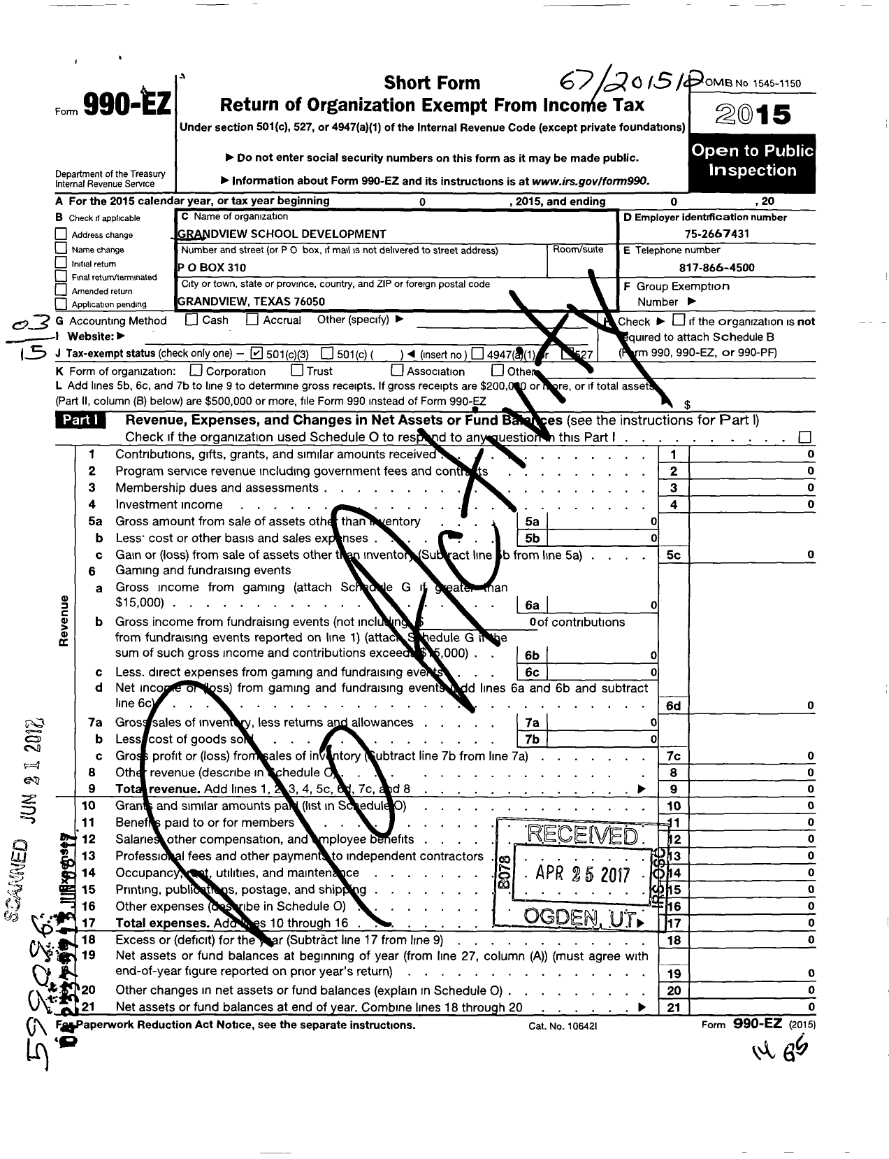 Image of first page of 2015 Form 990EZ for Grandview School Development Foundation