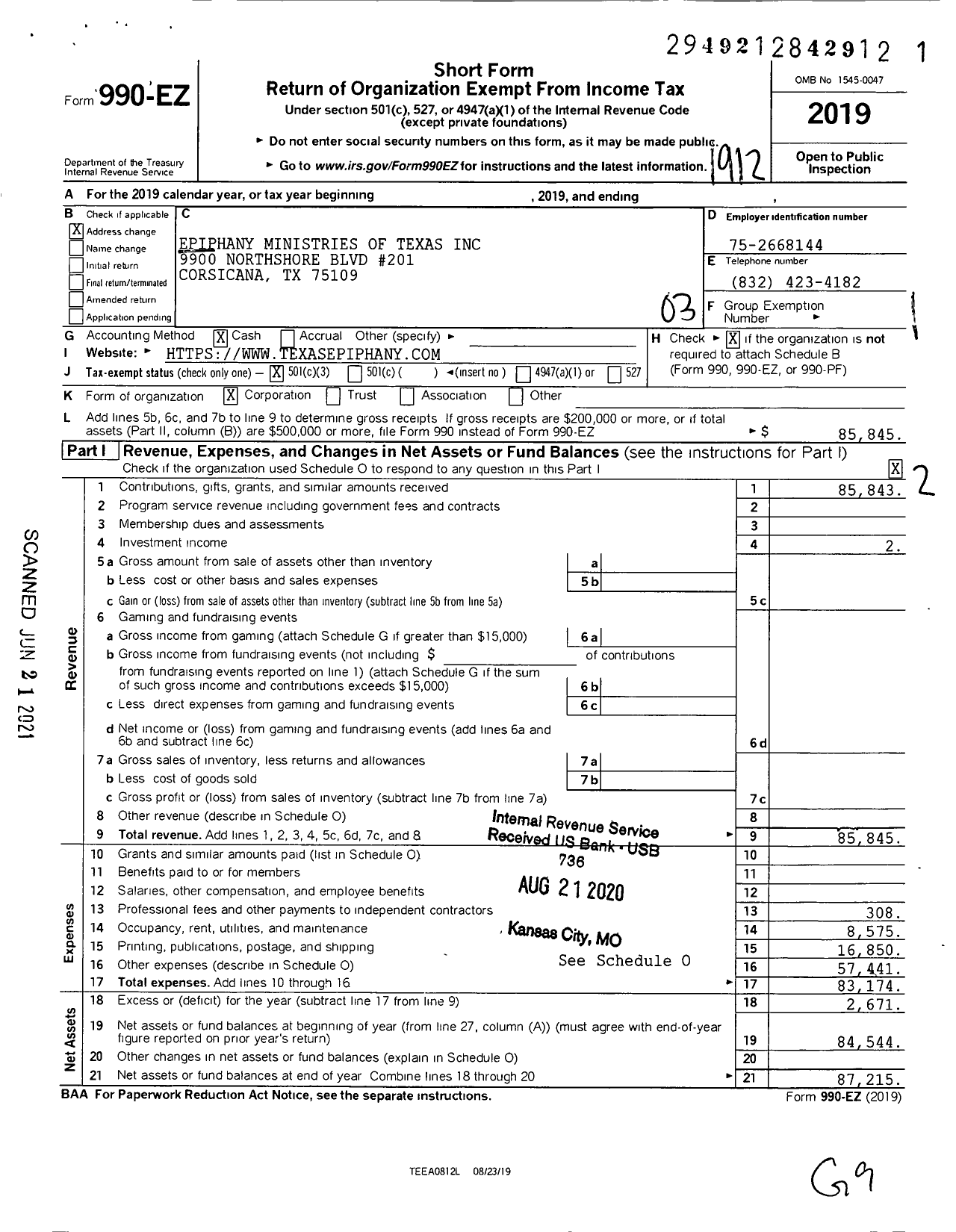 Image of first page of 2019 Form 990EZ for Epiphany Ministries of Texas