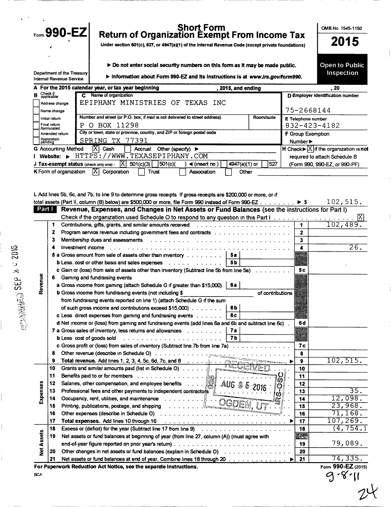 Image of first page of 2015 Form 990EZ for Epiphany Ministries of Texas