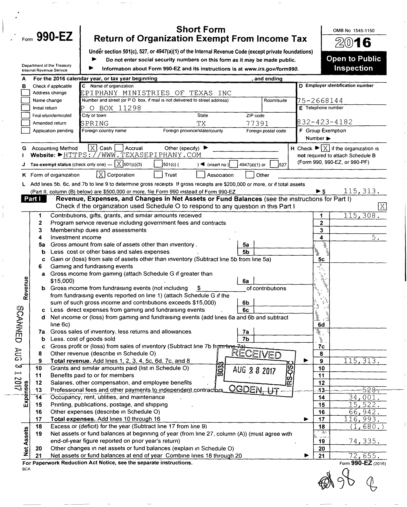 Image of first page of 2016 Form 990EZ for Epiphany Ministries of Texas