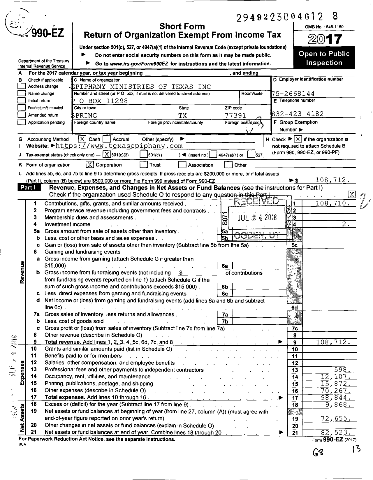 Image of first page of 2017 Form 990EZ for Epiphany Ministries of Texas