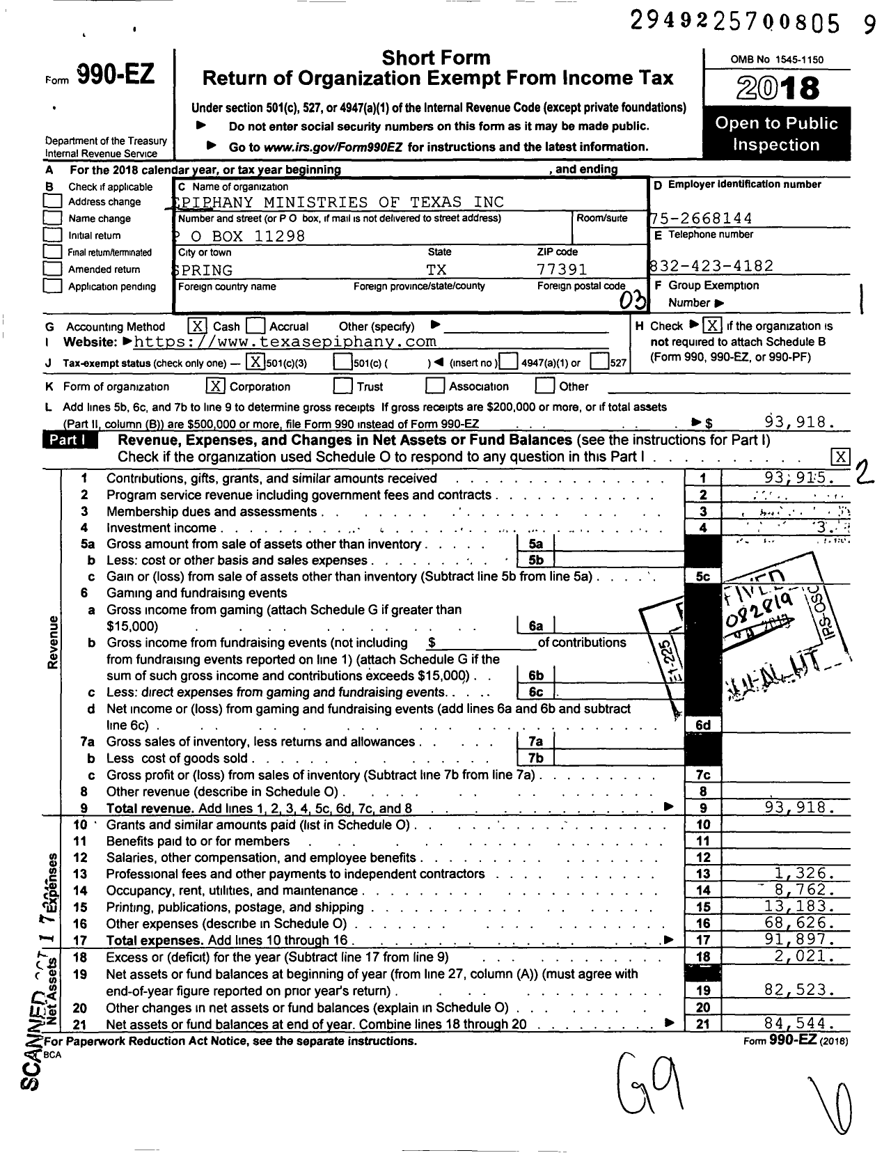 Image of first page of 2018 Form 990EZ for Epiphany Ministries of Texas