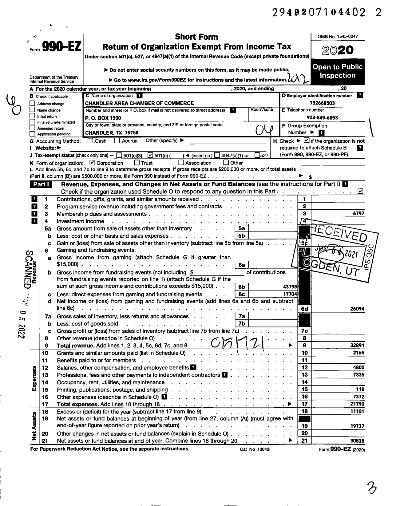 Image of first page of 2020 Form 990EO for Chandler Area Chamber of Commerce