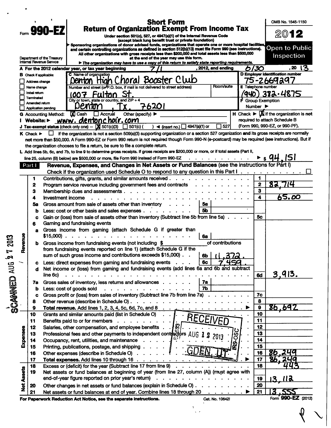 Image of first page of 2012 Form 990EZ for Denton High Choral Booster Club